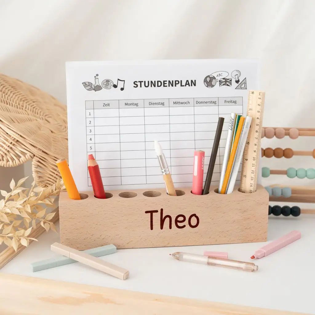Holz Schreibtisch Organizer mit Papierschlitz personalisierbar - wunderwunsch