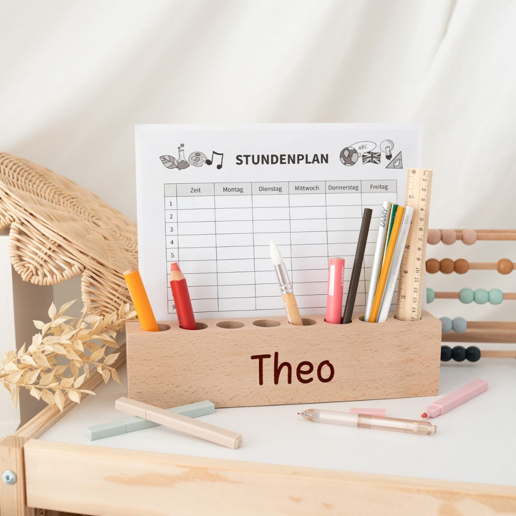 Holz Schreibtisch Organizer mit Papierschlitz personalisierbar - wunderwunsch