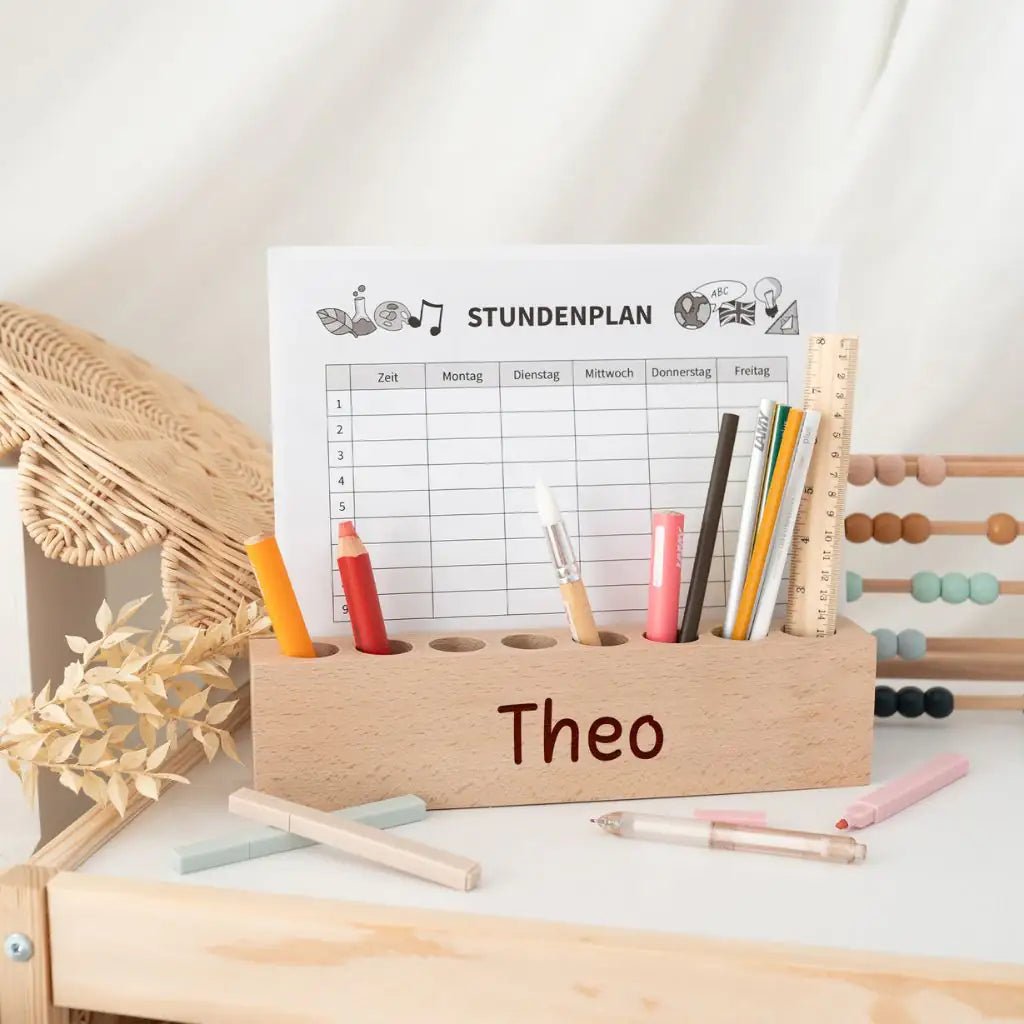 Holz Schreibtisch Organizer mit Papierschlitz personalisierbar - wunderwunsch