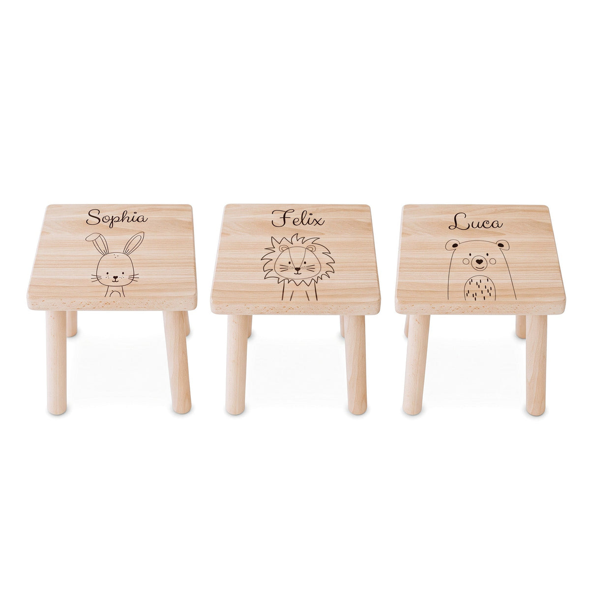 Holzhocker Kinder personalisiert - Tier Gravur - wunderwunsch