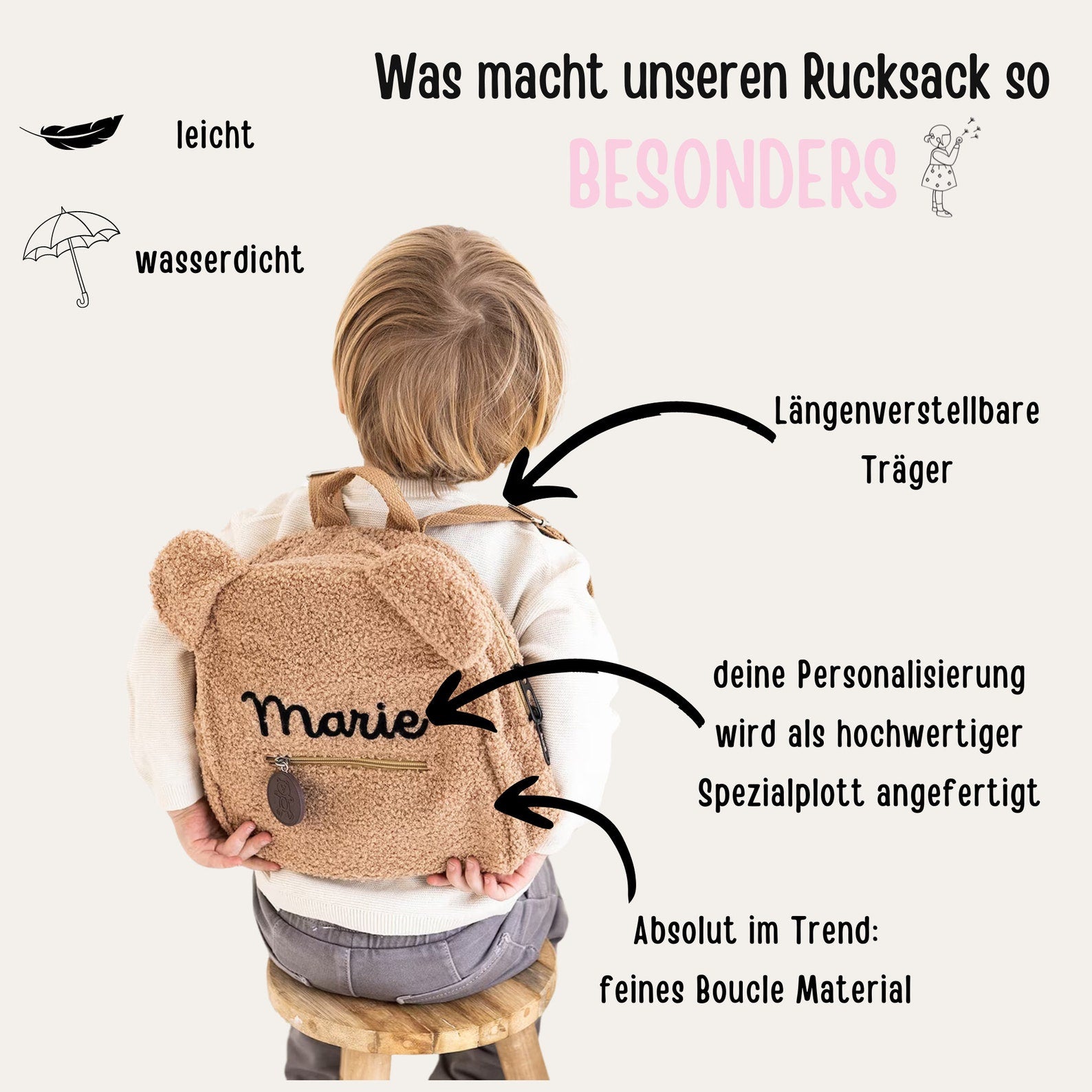 Kindergartenrucksack personalisiert - Plüsch Bär braun