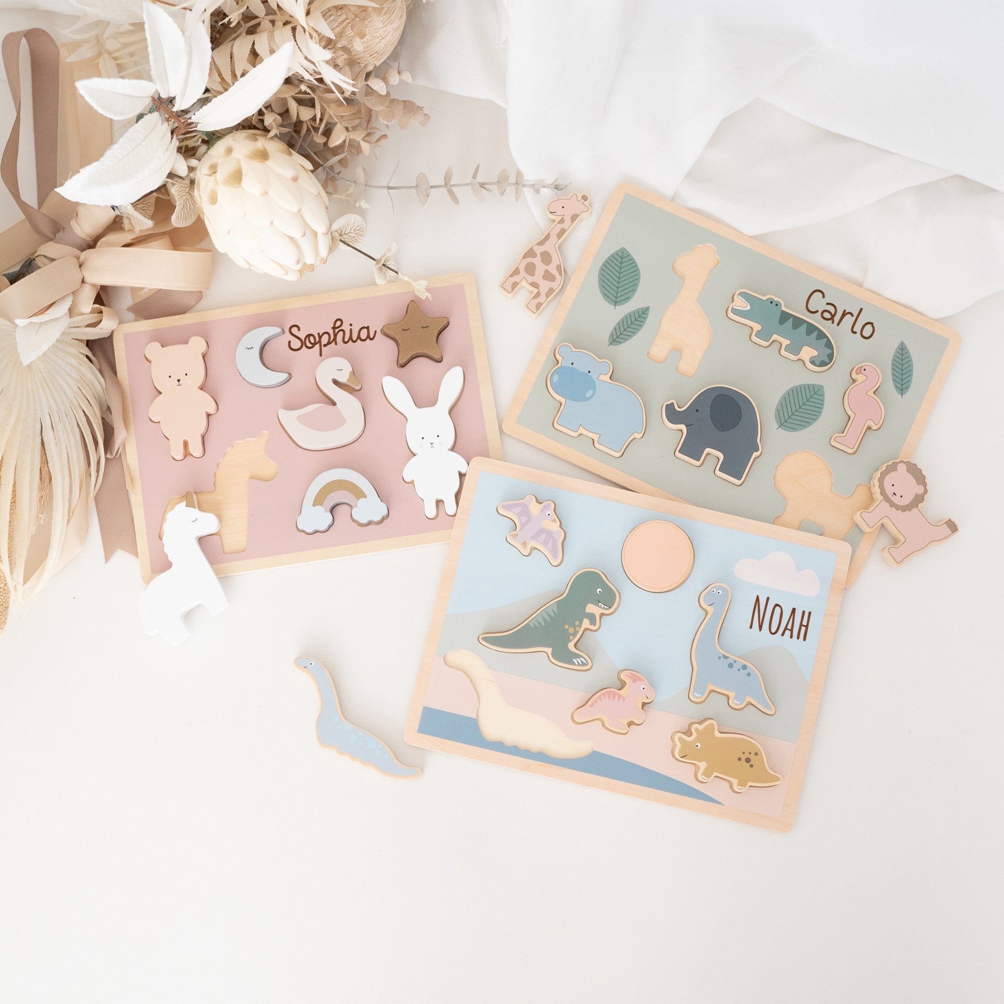 JABADABADO Steckpuzzle personalisiert - Safari, Dino & Einhorn - wunderwunsch