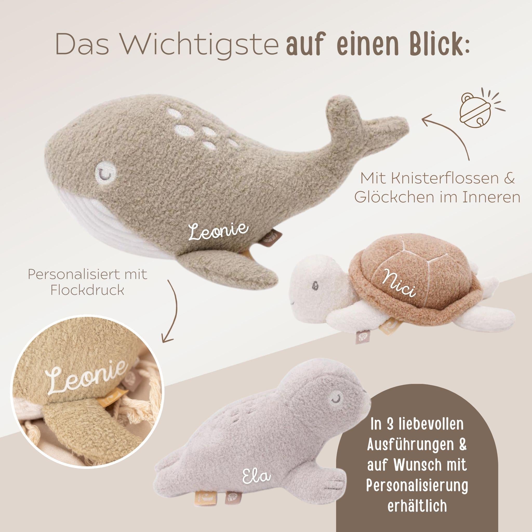 JOLLEIN Activity Stofftier Boucle personalisiert - Robbe, Wal oder Schildkröte - wunderwunsch