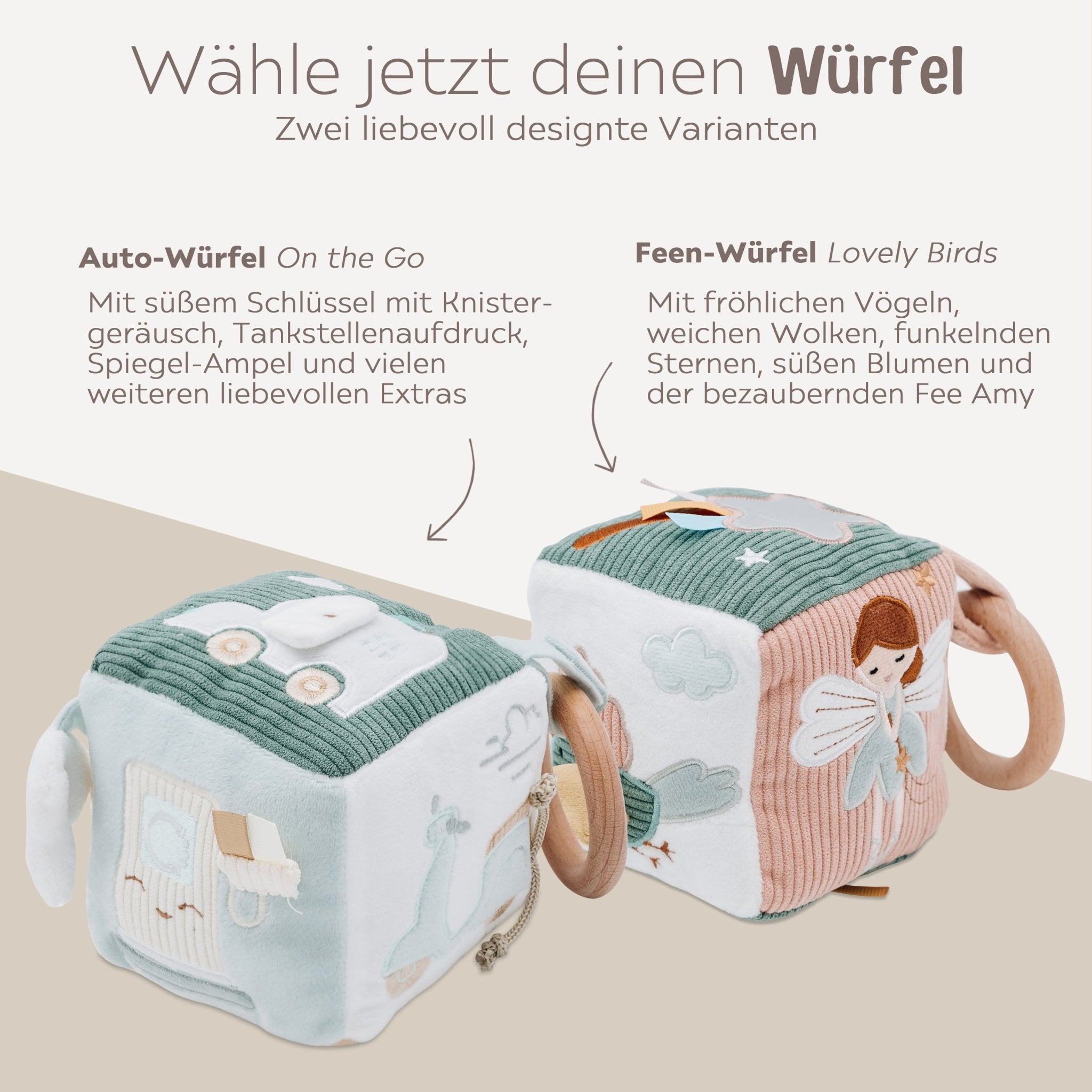 JOLLEIN Activity Stoffwürfel personalisierbar - Fee & Auto - wunderwunsch