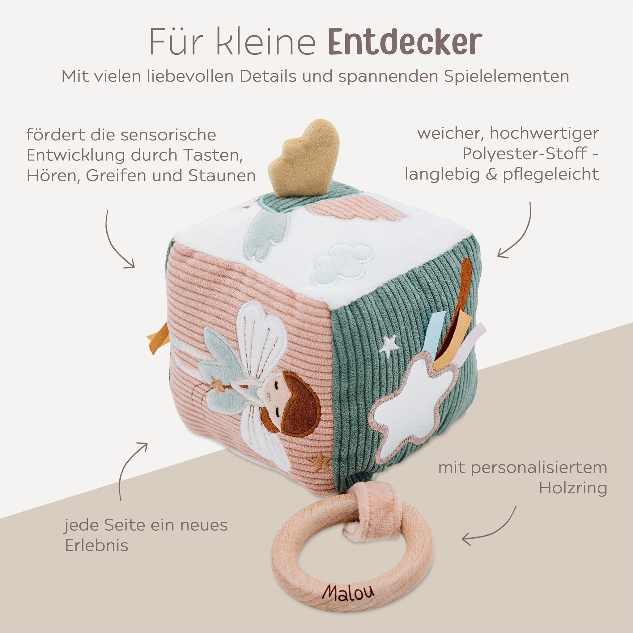 JOLLEIN Activity Stoffwürfel personalisierbar - Fee & Auto - wunderwunsch