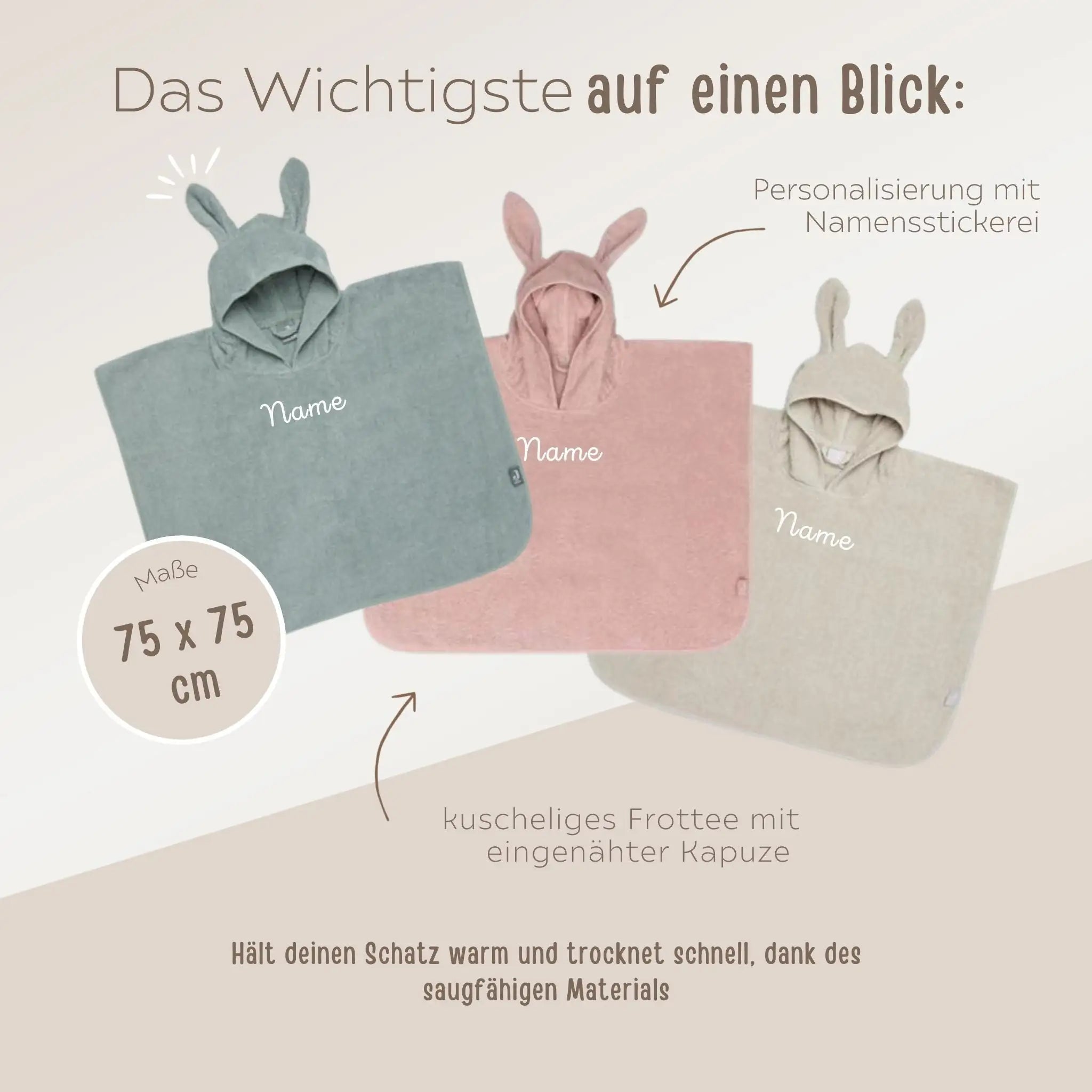 JOLLEIN Baby Badeponcho personalisiert mit Ohren Frottee - wunderwunsch