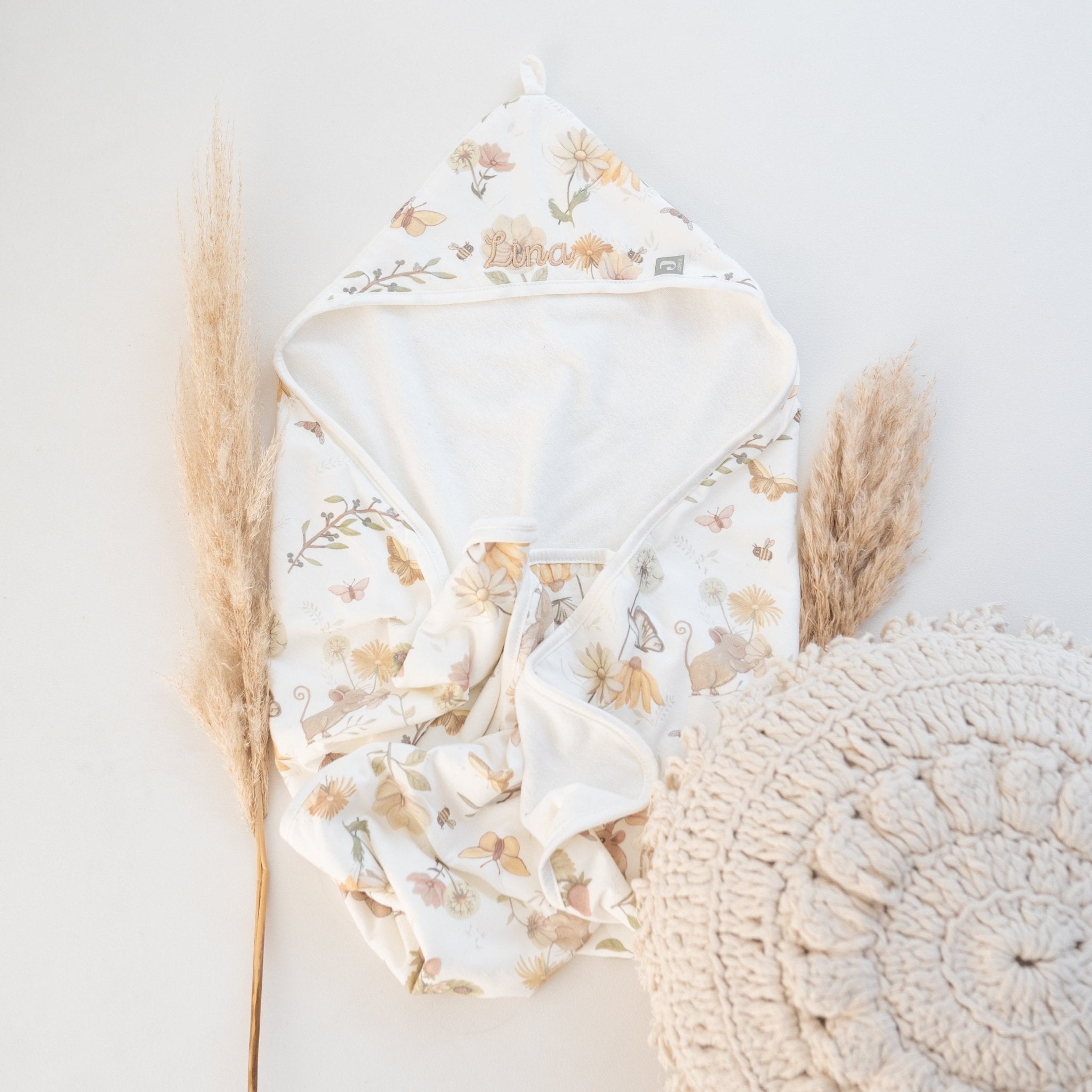 JOLLEIN Baby Kapuzenhandtuch personalisiert - Teddybären, Wildblumen, Maus Blumenwiese - wunderwunsch