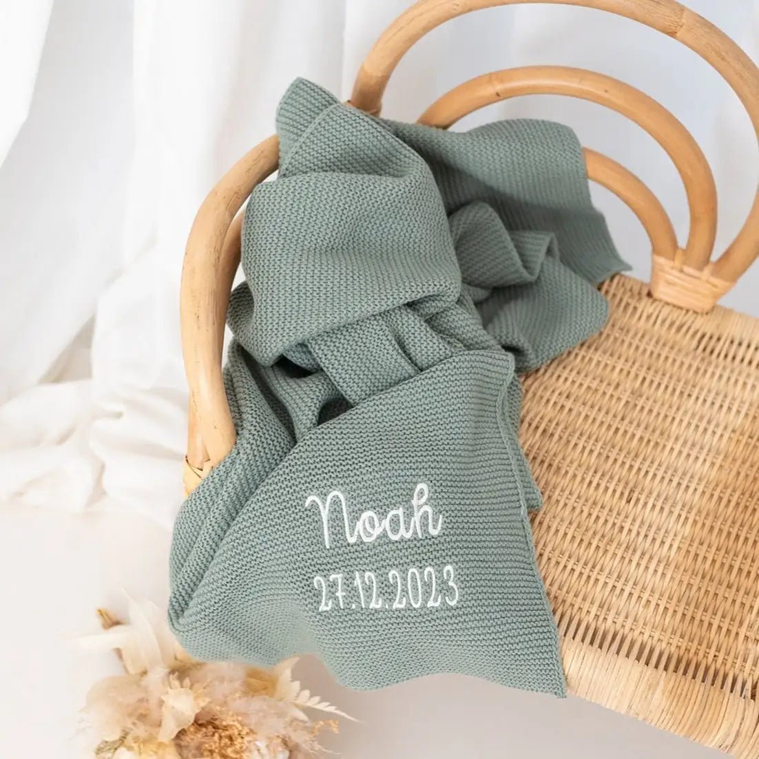 JOLLEIN Baby Strickdecke personalisiert - rose, olivgrün, mintgrün, creme - wunderwunsch