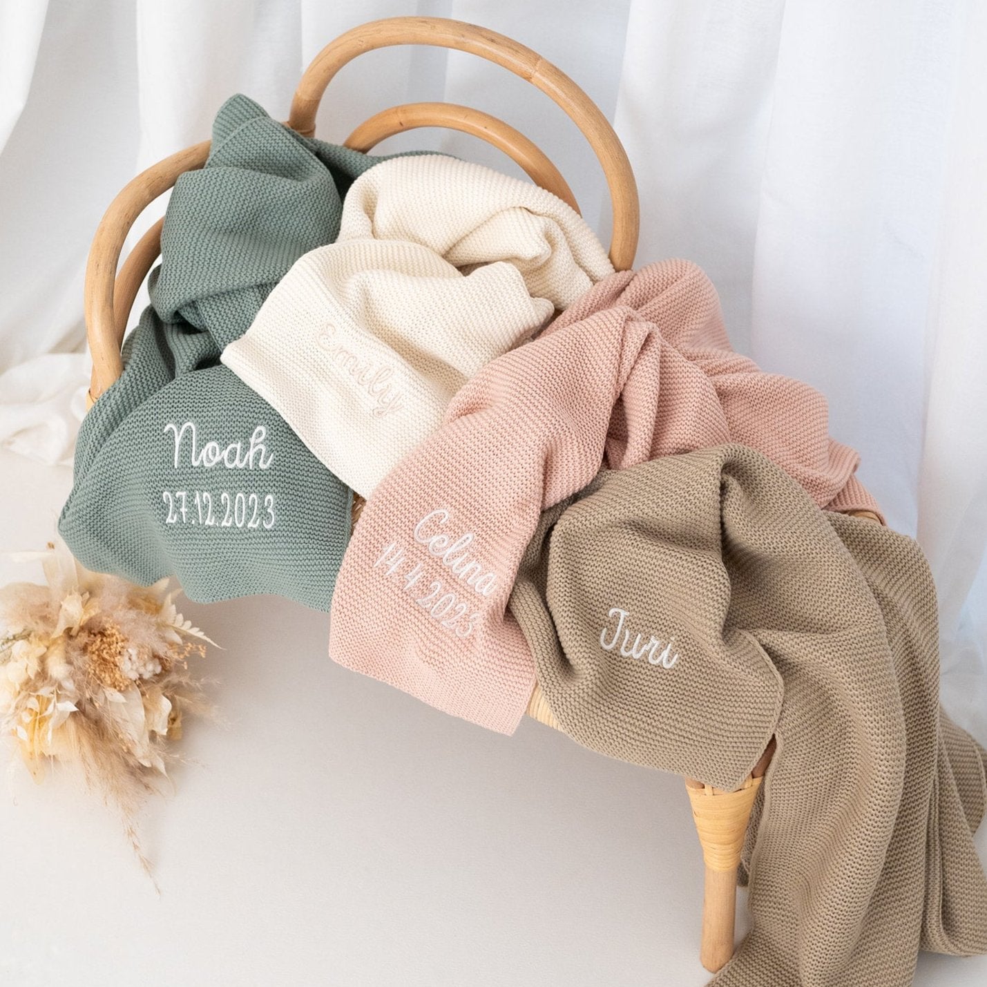 JOLLEIN Baby Strickdecke personalisiert - rose, olivgrün, mintgrün, creme - wunderwunsch