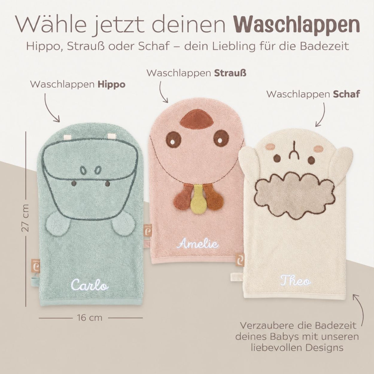 JOLLEIN Baby Waschhandschuh personalisiert - Hippo, Schaf, Strauß - wunderwunsch
