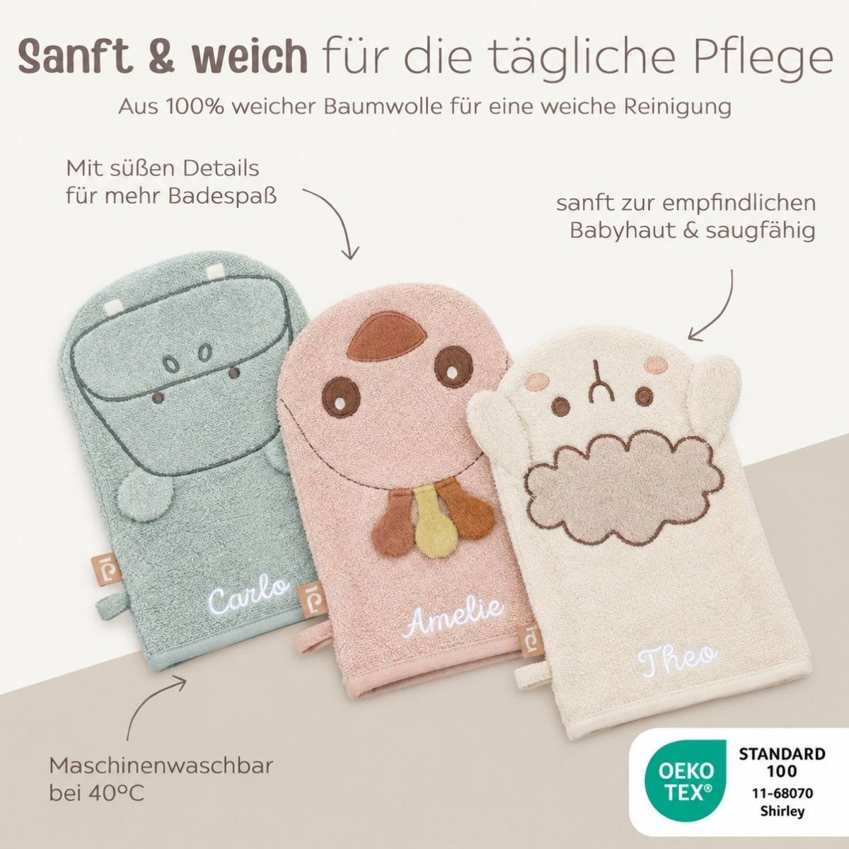 JOLLEIN Baby Waschhandschuh personalisiert - Hippo, Schaf, Strauß - wunderwunsch