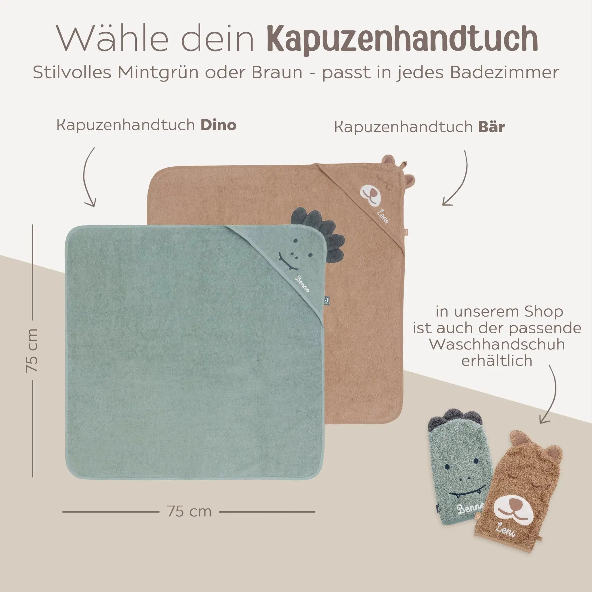 JOLLEIN Dino oder Bär Baby Kapuzenhandtuch Frottee personalisierbar - wunderwunsch