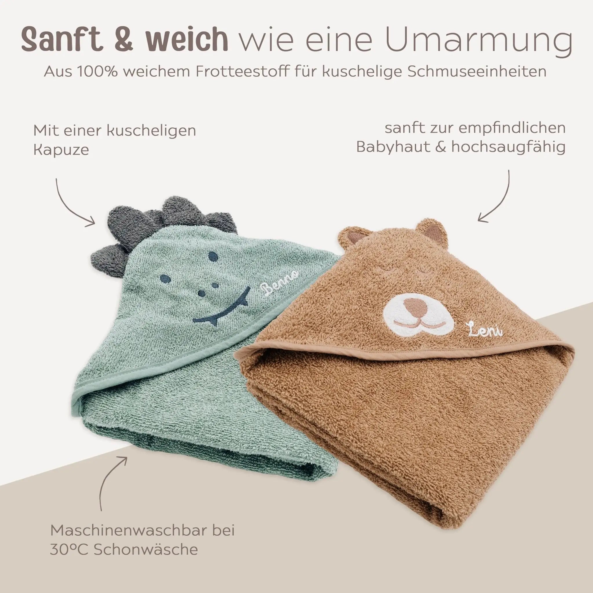 JOLLEIN Dino oder Bär Baby Kapuzenhandtuch Frottee personalisierbar - wunderwunsch