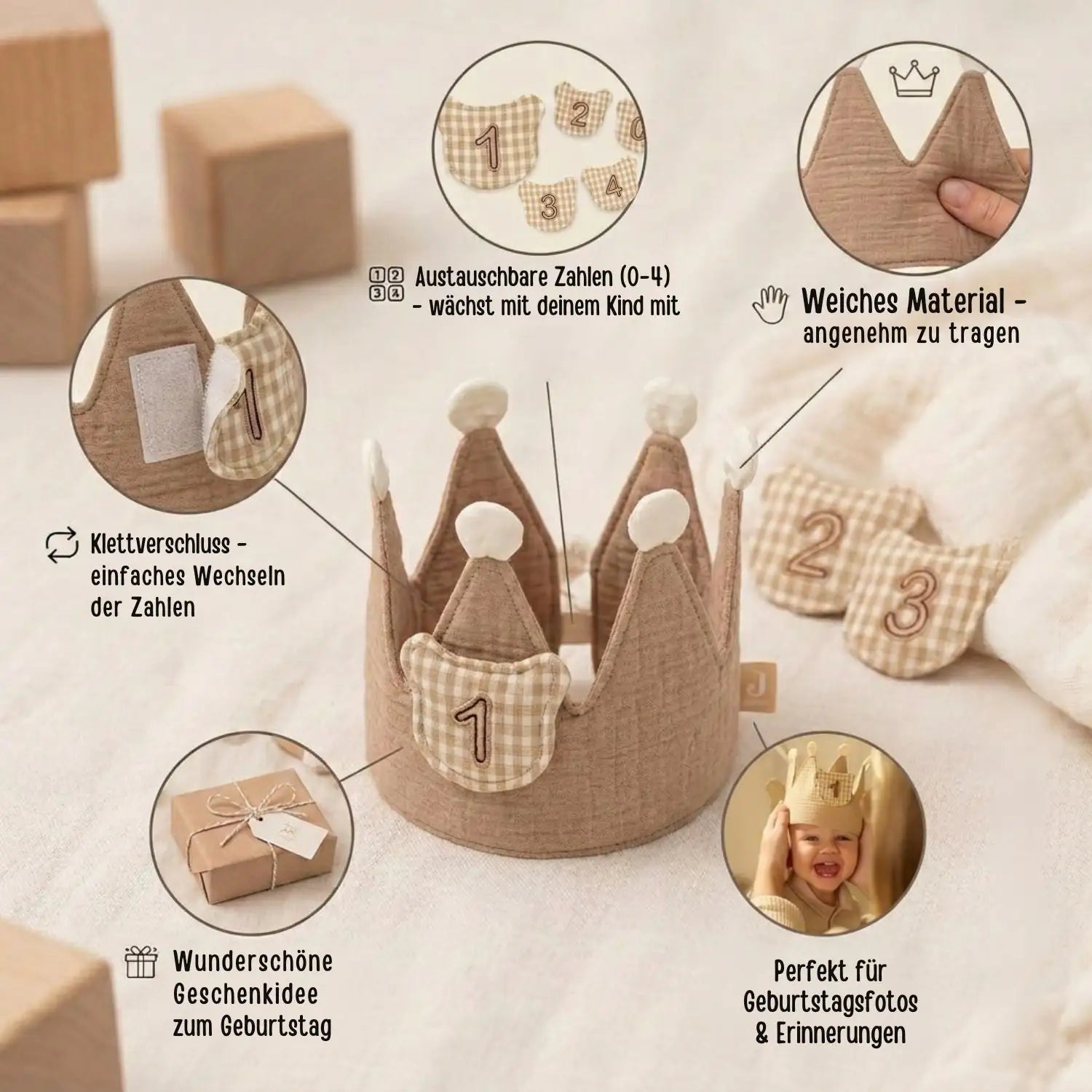 JOLLEIN Geburtstagskrone Teddybär personalisierbar - wunderwunsch