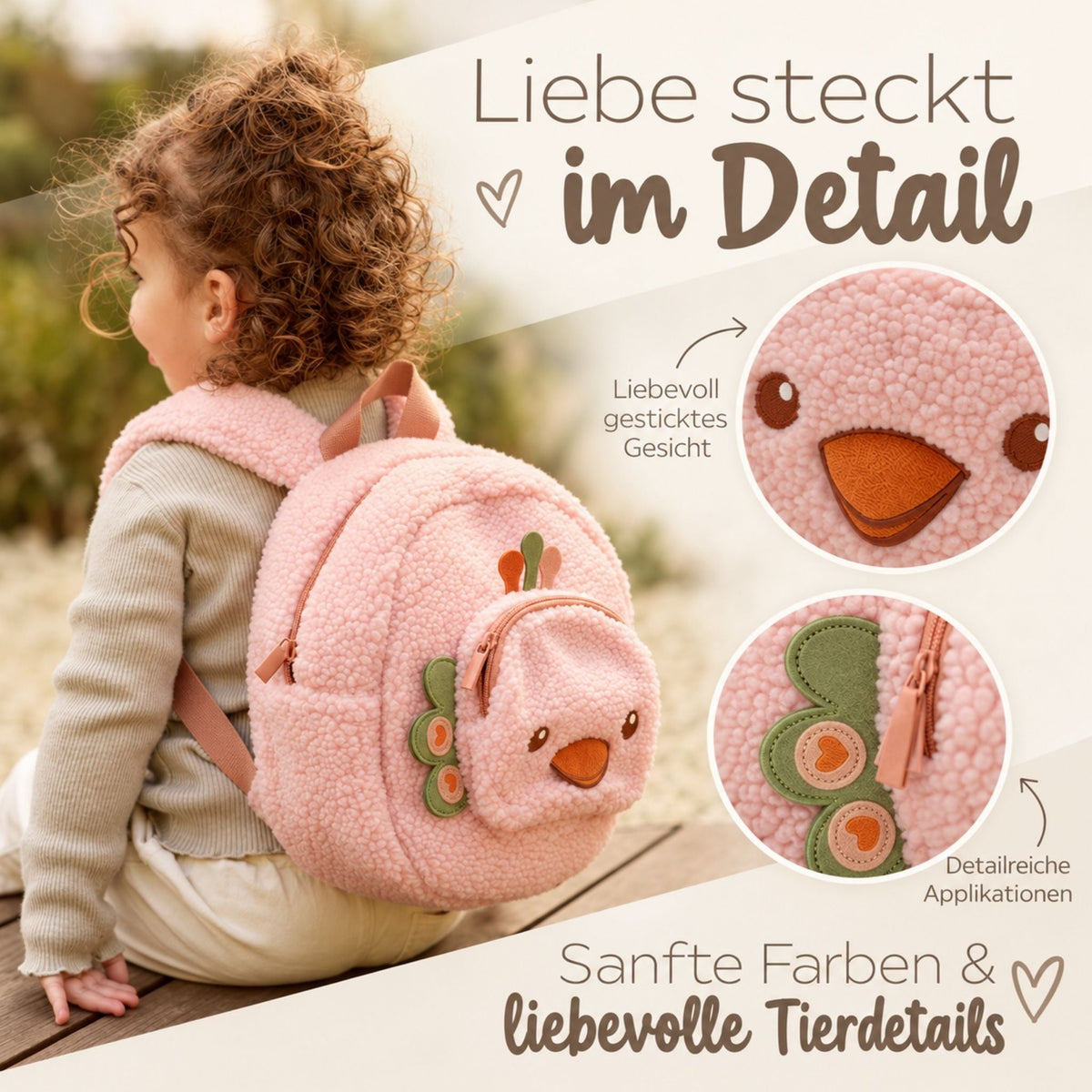 JOLLEIN Kinder Rucksack personalisiert - Hase, Hippo, Strauß - wunderwunsch