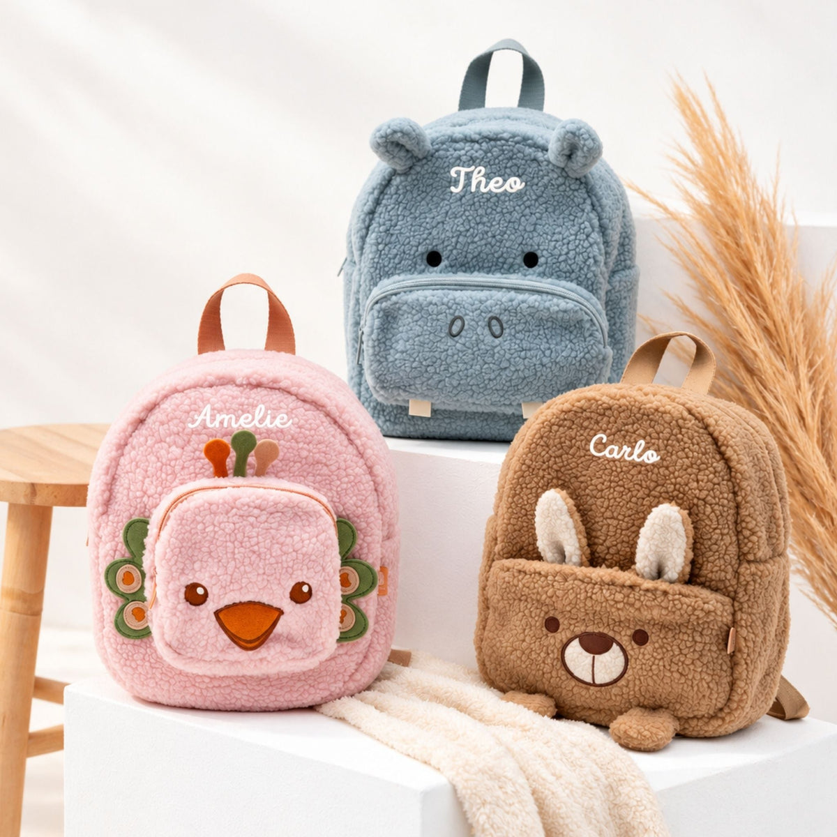 JOLLEIN Kinder Rucksack personalisiert - Hase, Hippo, Strauß - wunderwunsch