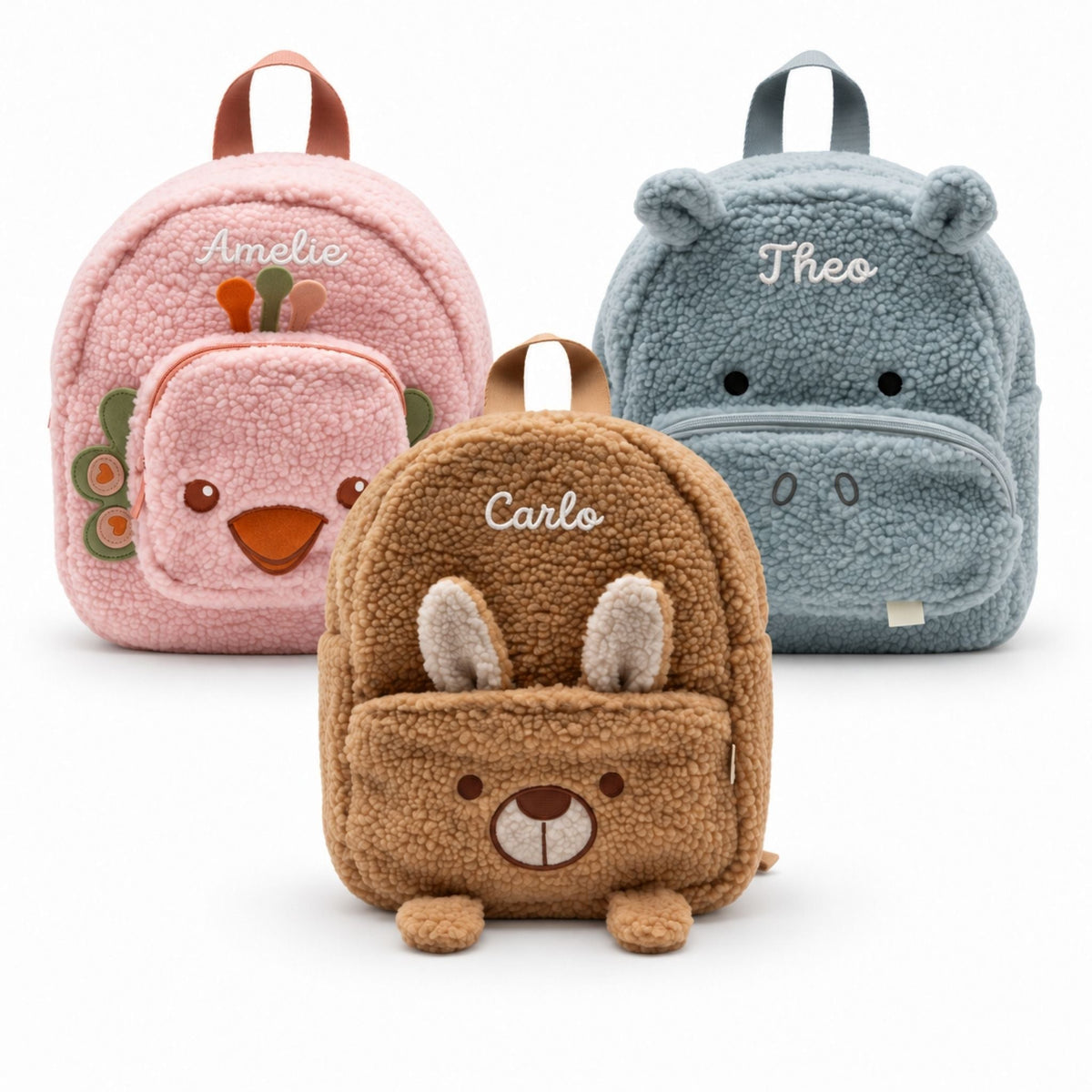 JOLLEIN Kinder Rucksack personalisiert - Hase, Hippo, Strauß - wunderwunsch