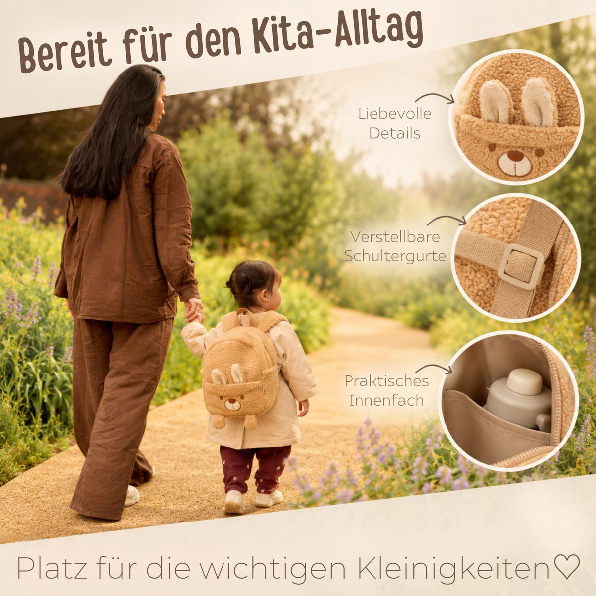JOLLEIN Kinder Rucksack personalisiert - Hase, Hippo, Strauß - wunderwunsch