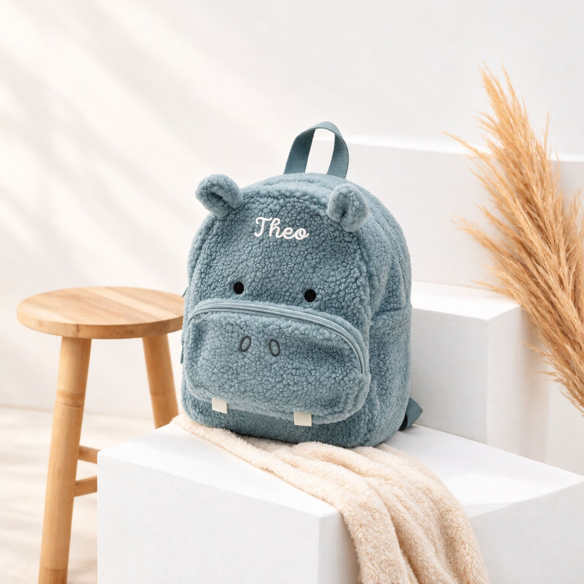 JOLLEIN Kinder Rucksack personalisiert - Hase, Hippo, Strauß - wunderwunsch
