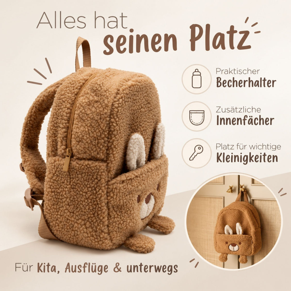 JOLLEIN Kinder Rucksack personalisiert - Hase, Hippo, Strauß - wunderwunsch