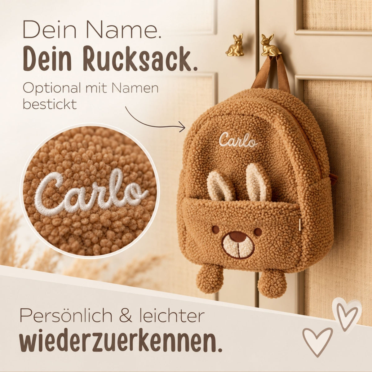 JOLLEIN Kinder Rucksack personalisiert - Hase, Hippo, Strauß - wunderwunsch