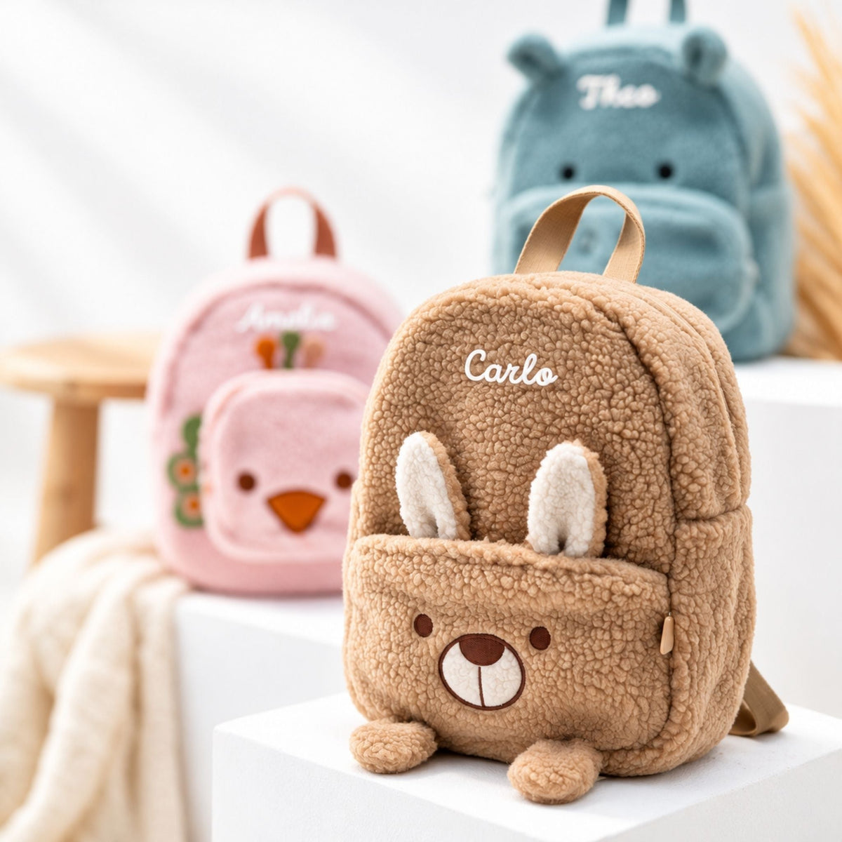 JOLLEIN Kinder Rucksack personalisiert - Hase, Hippo, Strauß - wunderwunsch