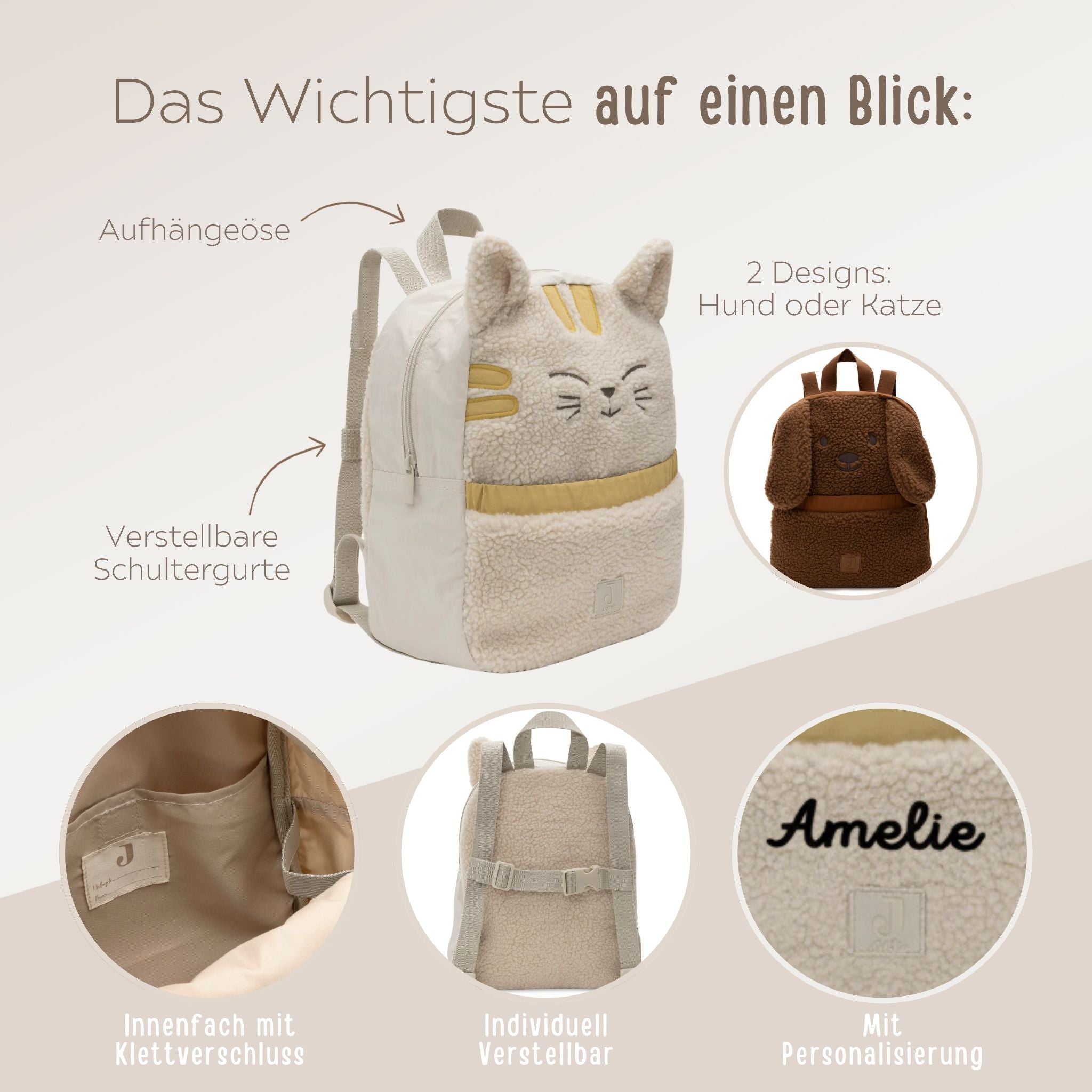 JOLLEIN Kinder Rucksack personalisiert - Hund oder Katze - wunderwunsch