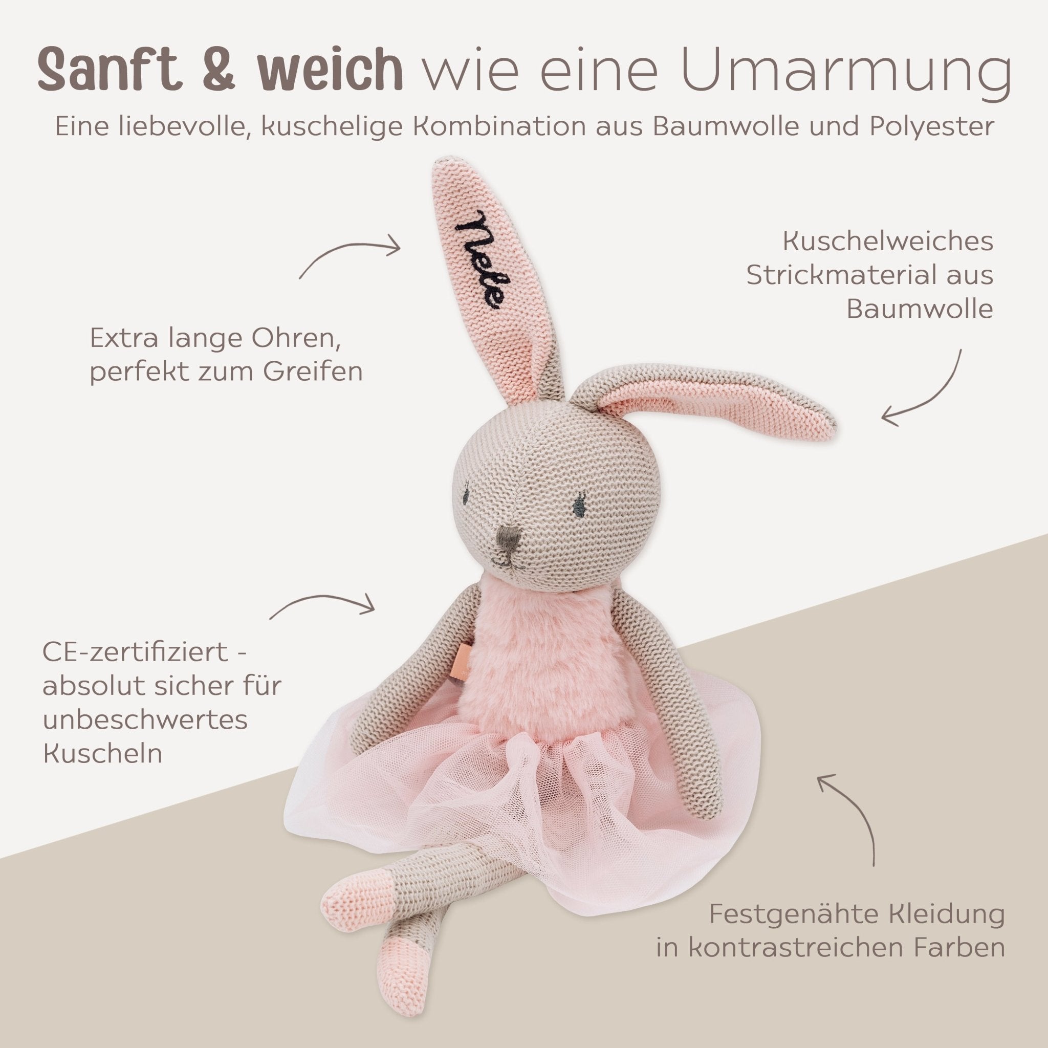 JOLLEIN Kuscheltier Hase Strick personalisiert - wunderwunsch