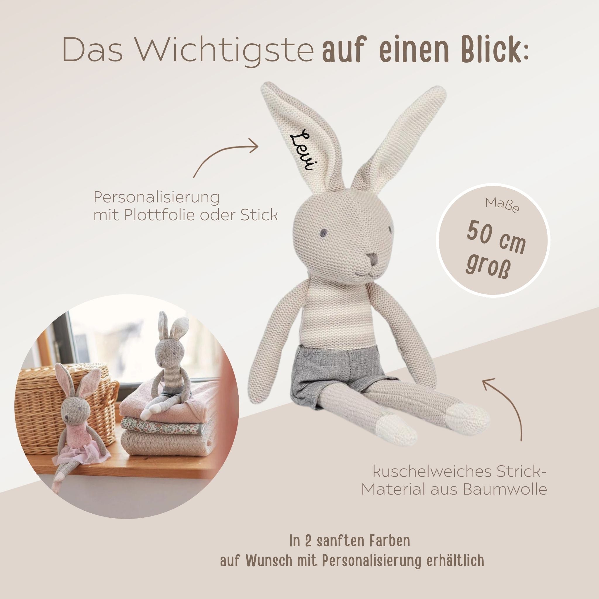 JOLLEIN Kuscheltier Hase Strick personalisiert - wunderwunsch