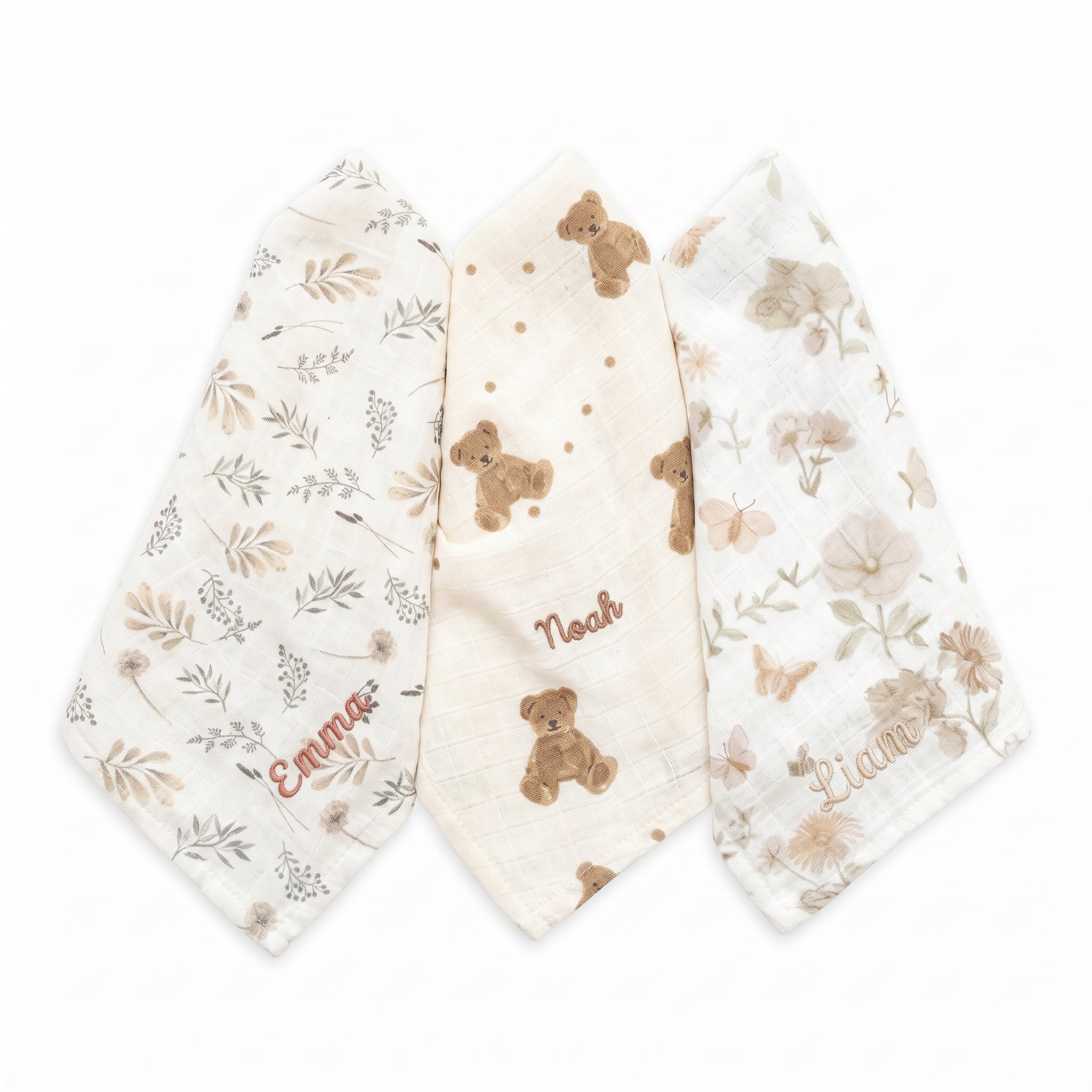 JOLLEIN Mulltuch für Babys personalisiert - Teddybär, Wildblumen - wunderwunsch
