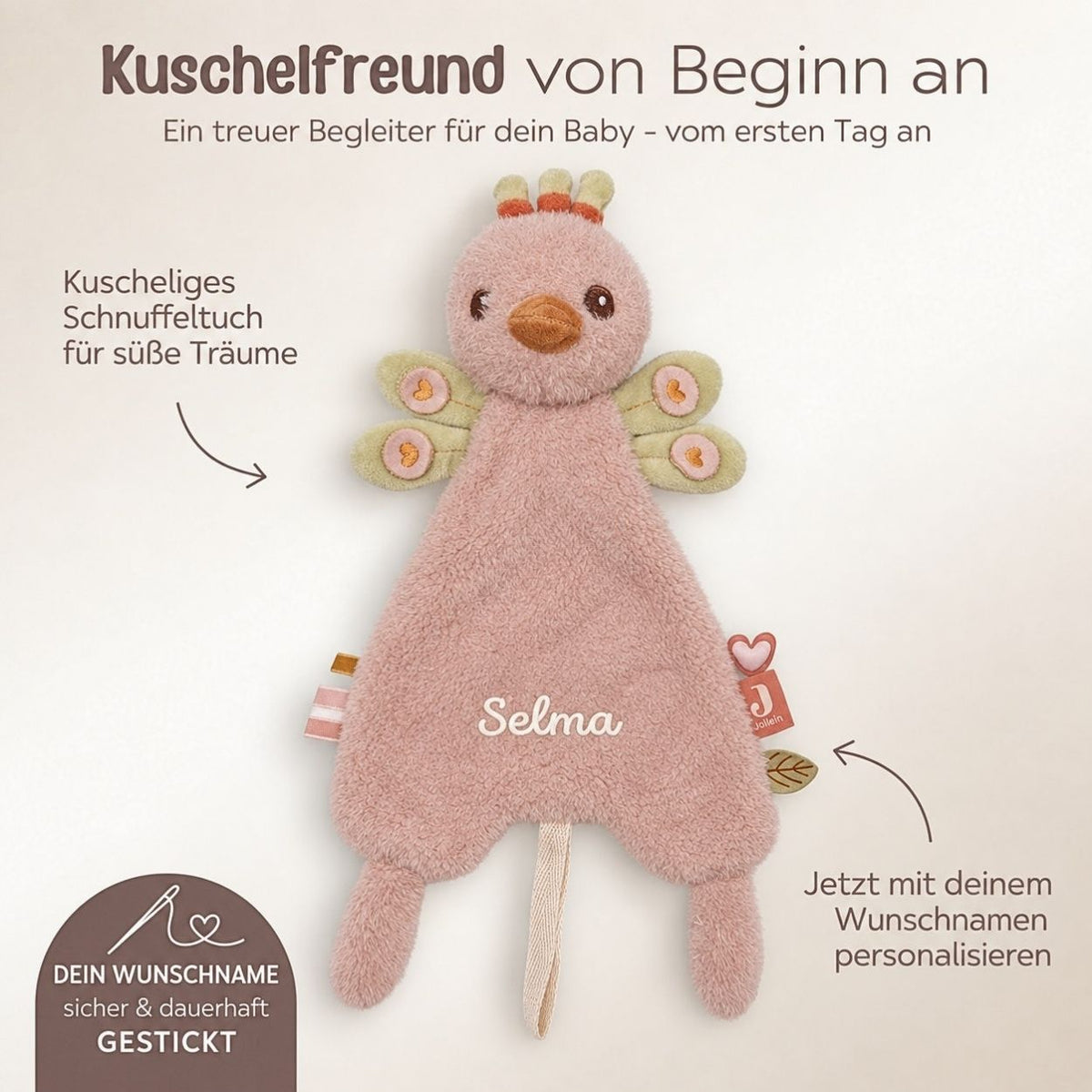 JOLLEIN Schmusetuch personalisiert - Schaf oder Strauß - wunderwunsch