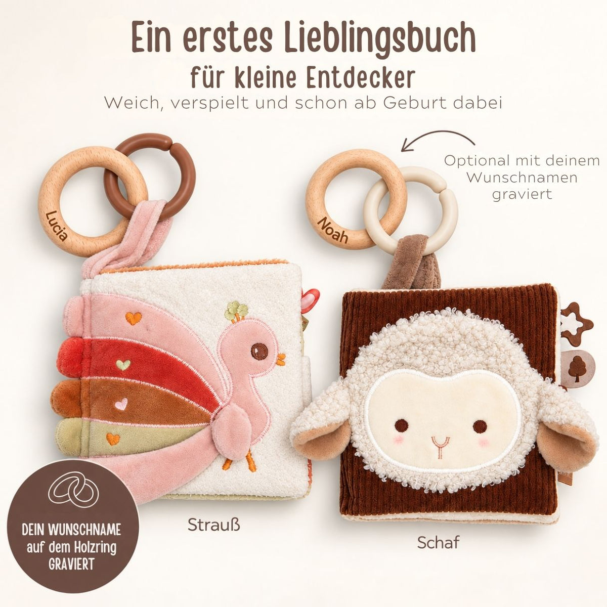 JOLLEIN Stoffbuch personalisiert - Schaf oder Strauß - wunderwunsch