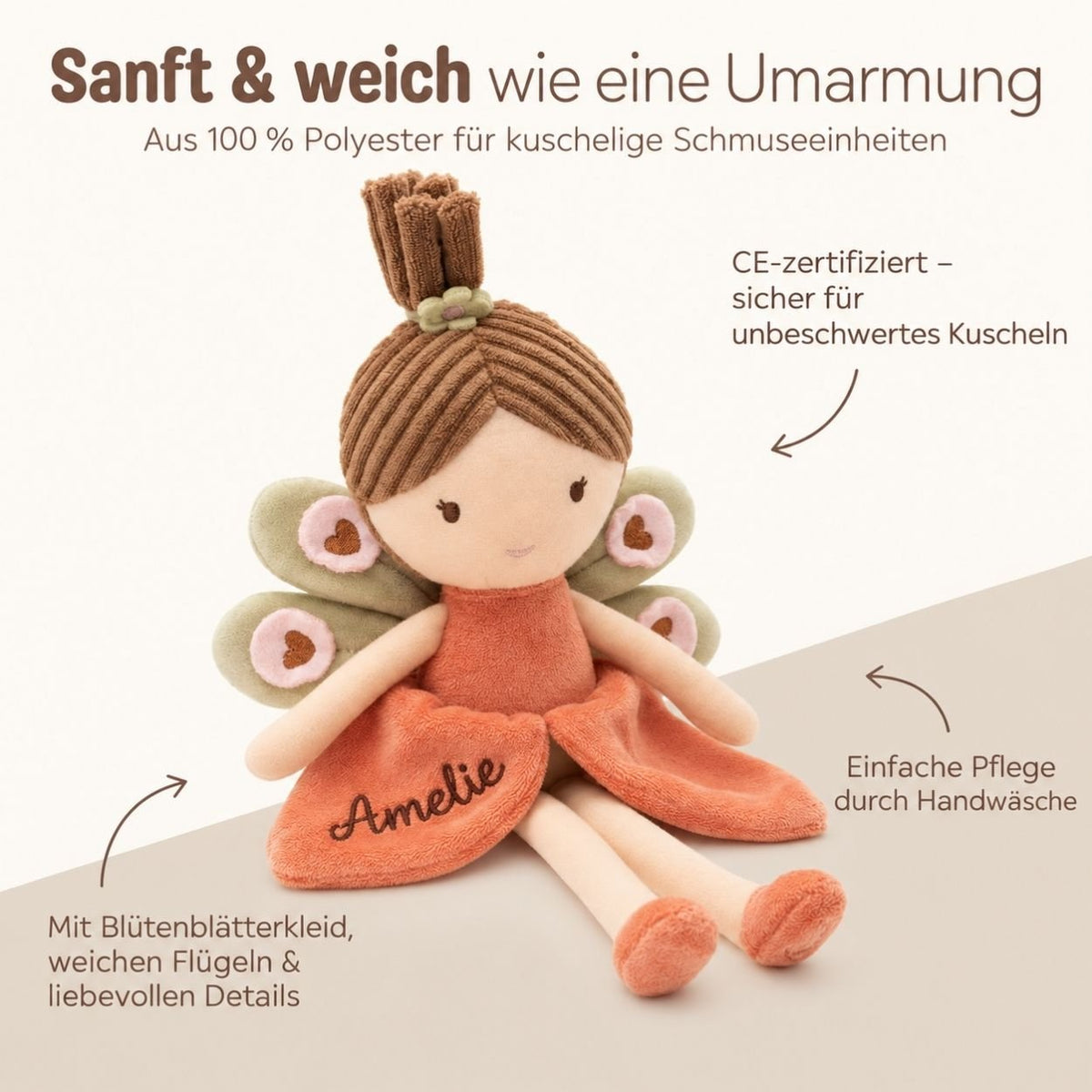 JOLLEIN Stoffpuppe Strauß brauner Zopf personalisiert - wunderwunsch