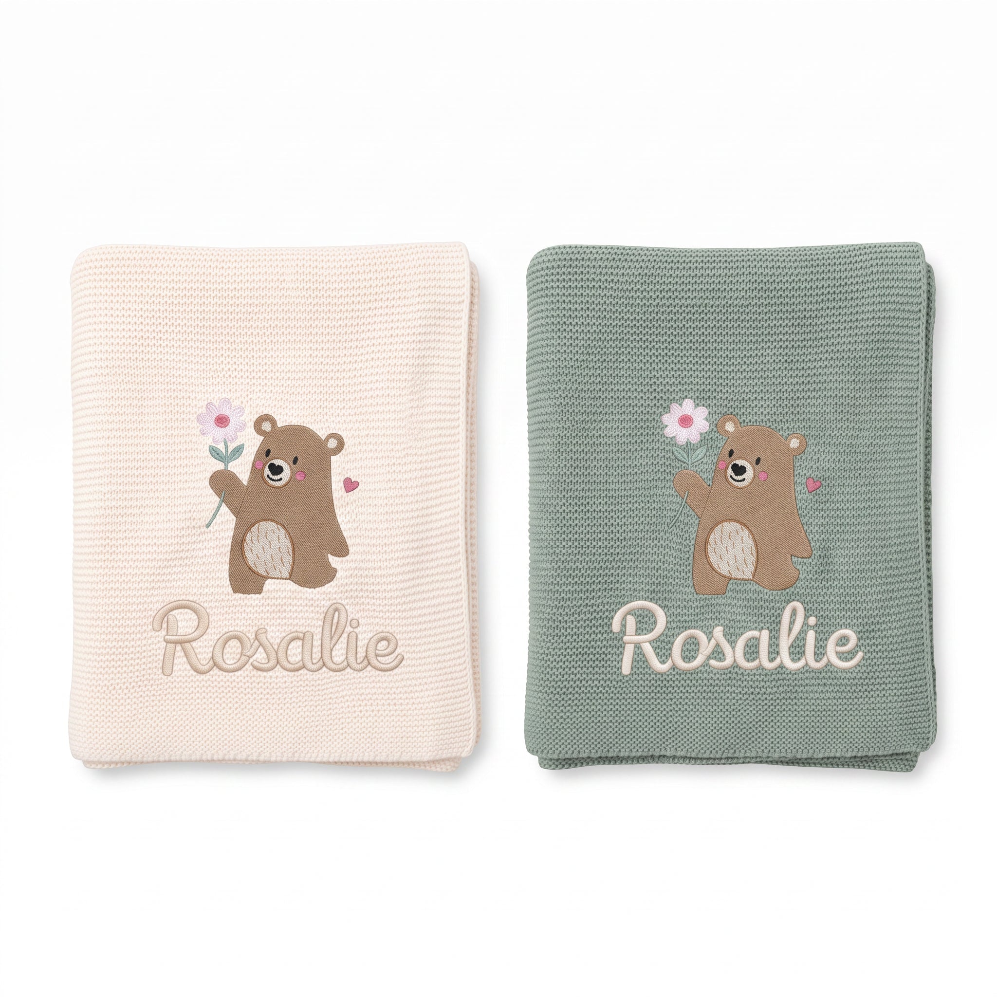 JOLLEIN Strickdecke personalisiert - Bär mit Blume - wunderwunsch