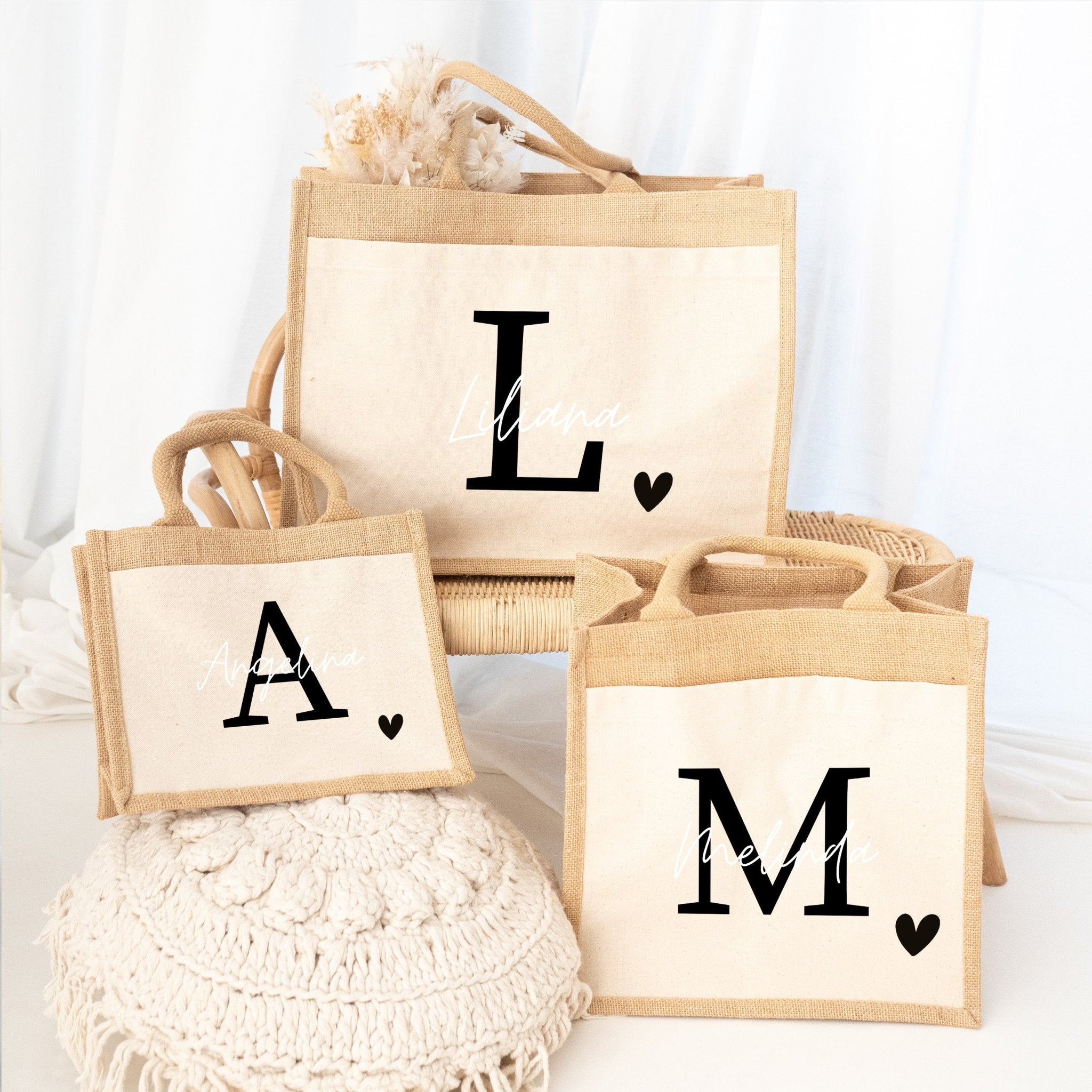 Jutetasche mit Stoffbesatz - Initial Name Herz - wunderwunsch