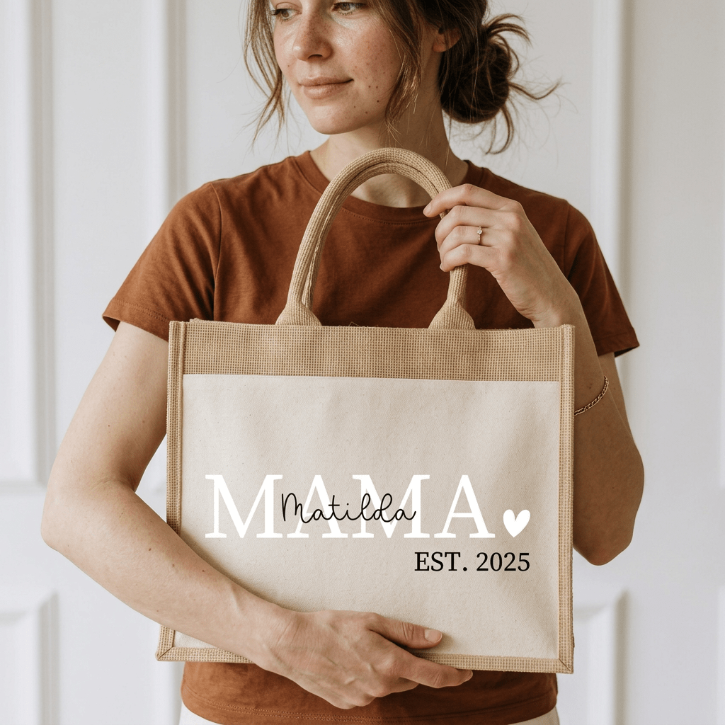 Jutetasche mit Stoffbesatz - Mama est. - wunderwunsch