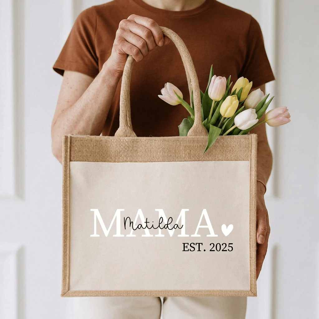 Jutetasche mit Stoffbesatz - Mama est. - wunderwunsch