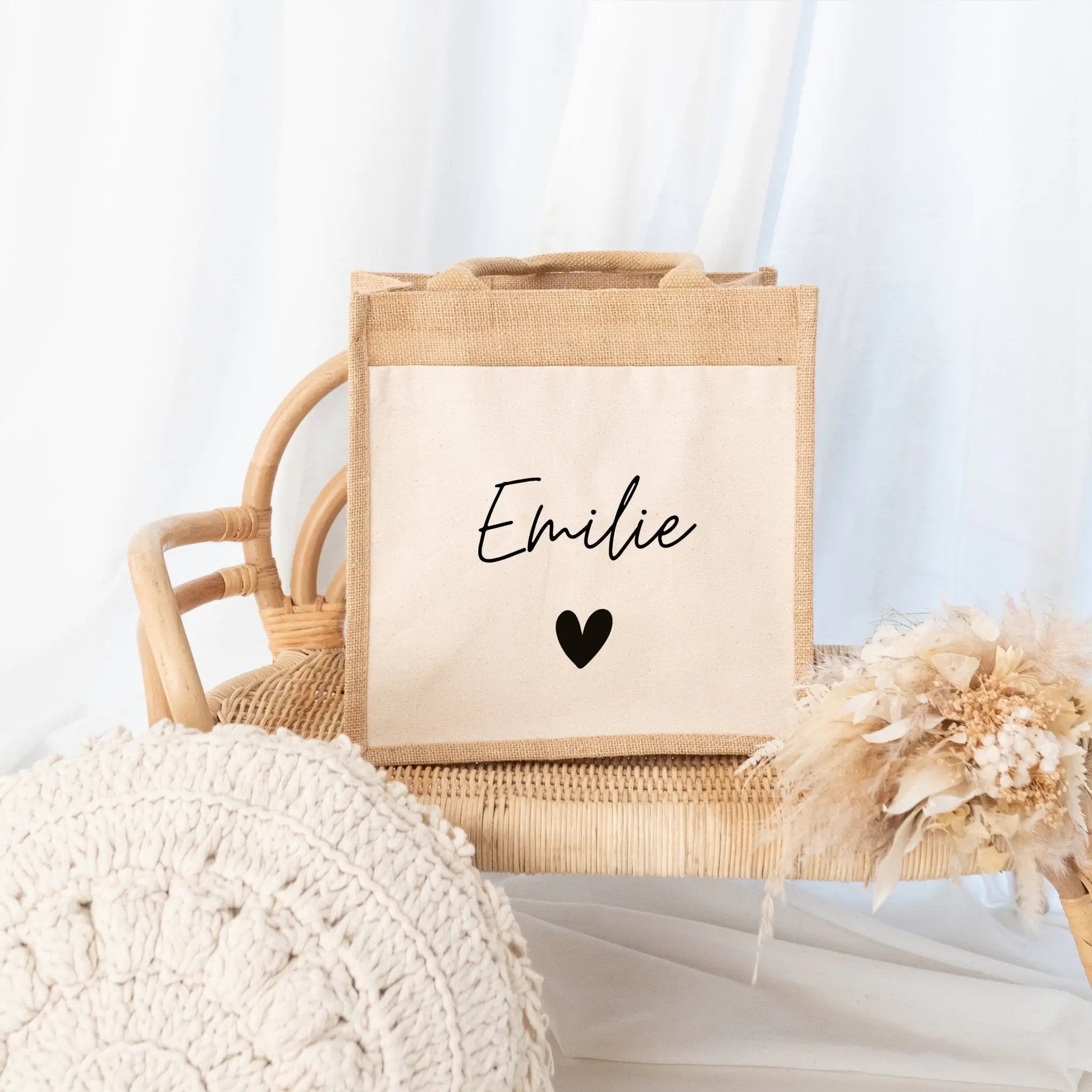 Jutetasche mit Stoffbesatz - Name Herz - wunderwunsch
