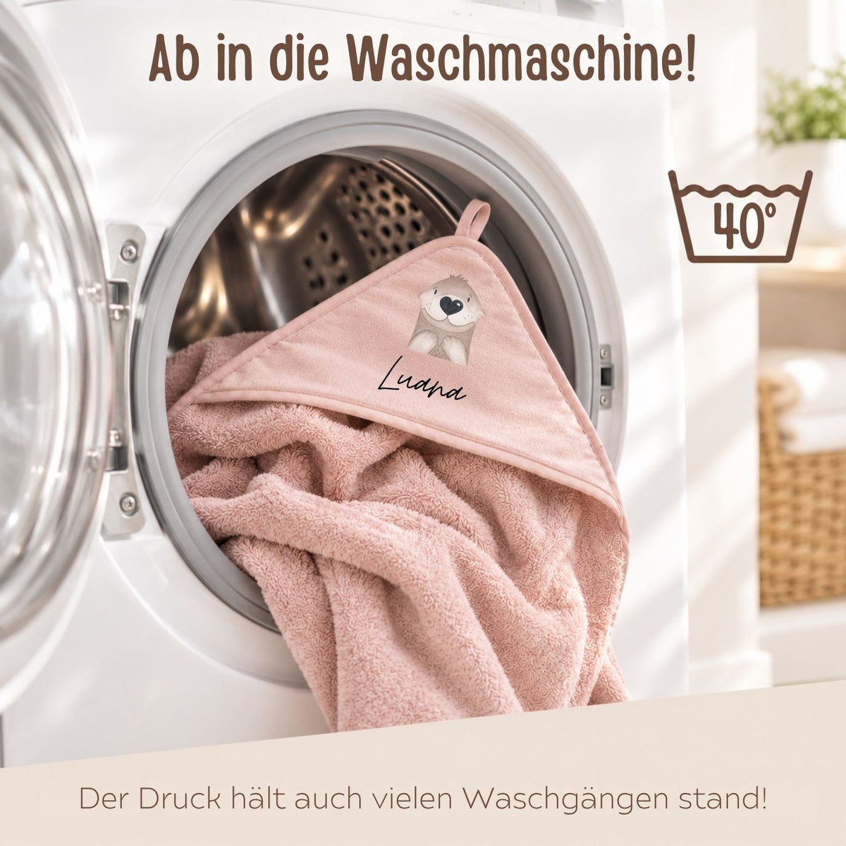 Kapuzenhandtuch aus Baumwolle personalisiert - Tier (geschwungene Schrift) - wunderwunsch