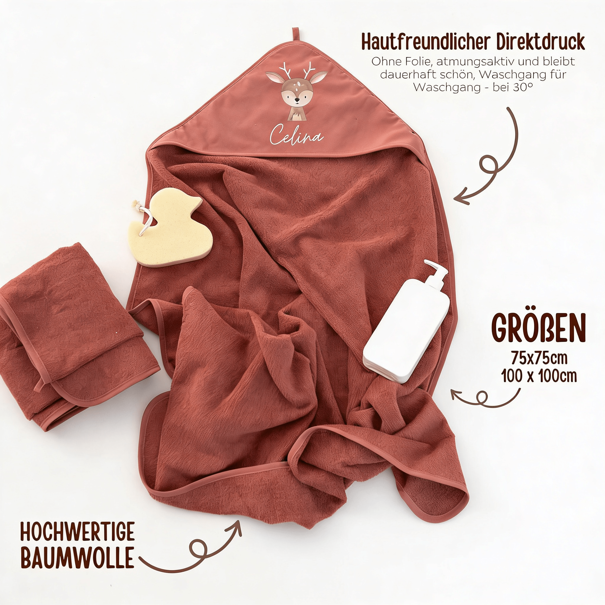 Kapuzenhandtuch Baumwolle "Tier" (geschwungene Schrift) personalisiert - wunderwunsch