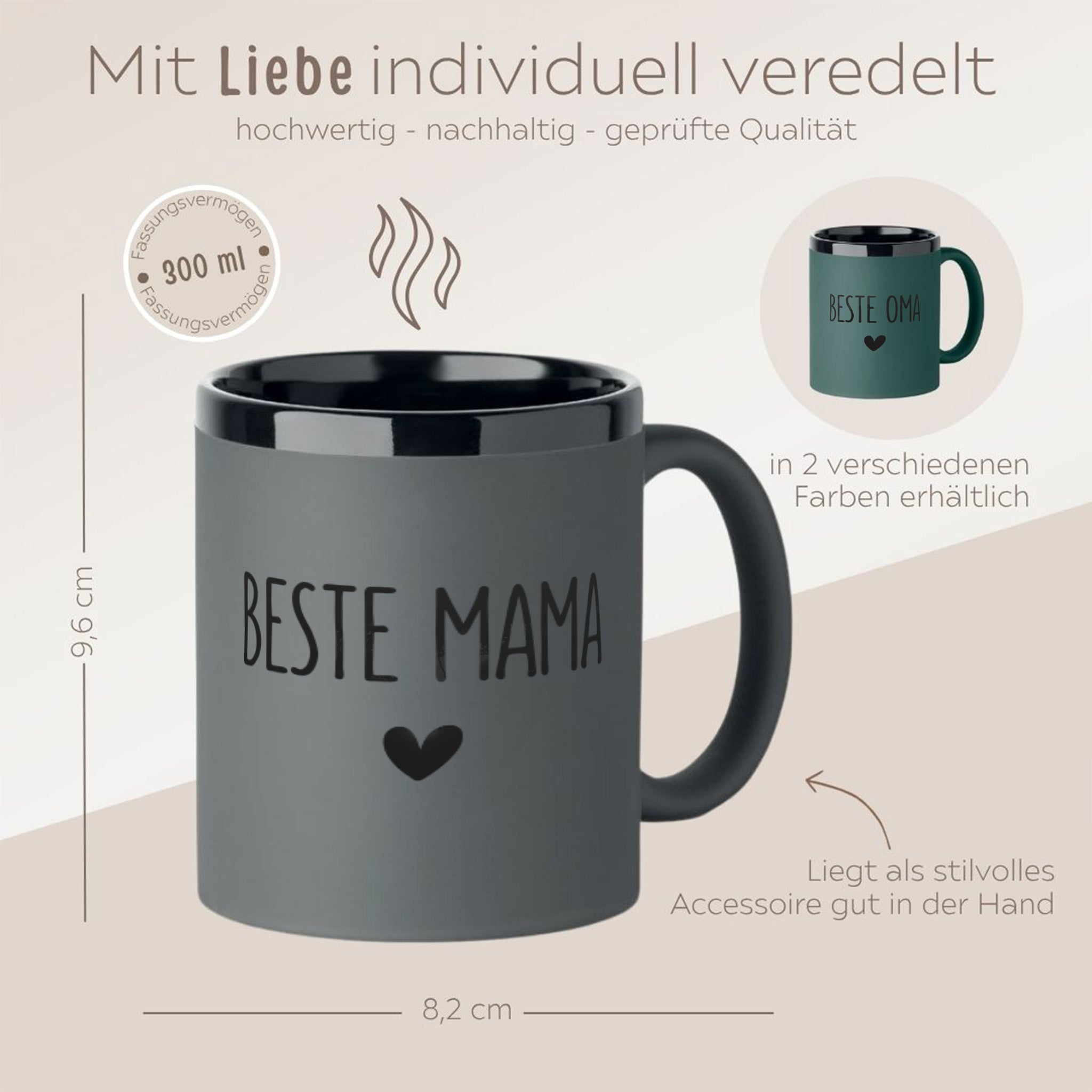 Keramikbecher Grau oder Grün - Name und Herz - wunderwunsch