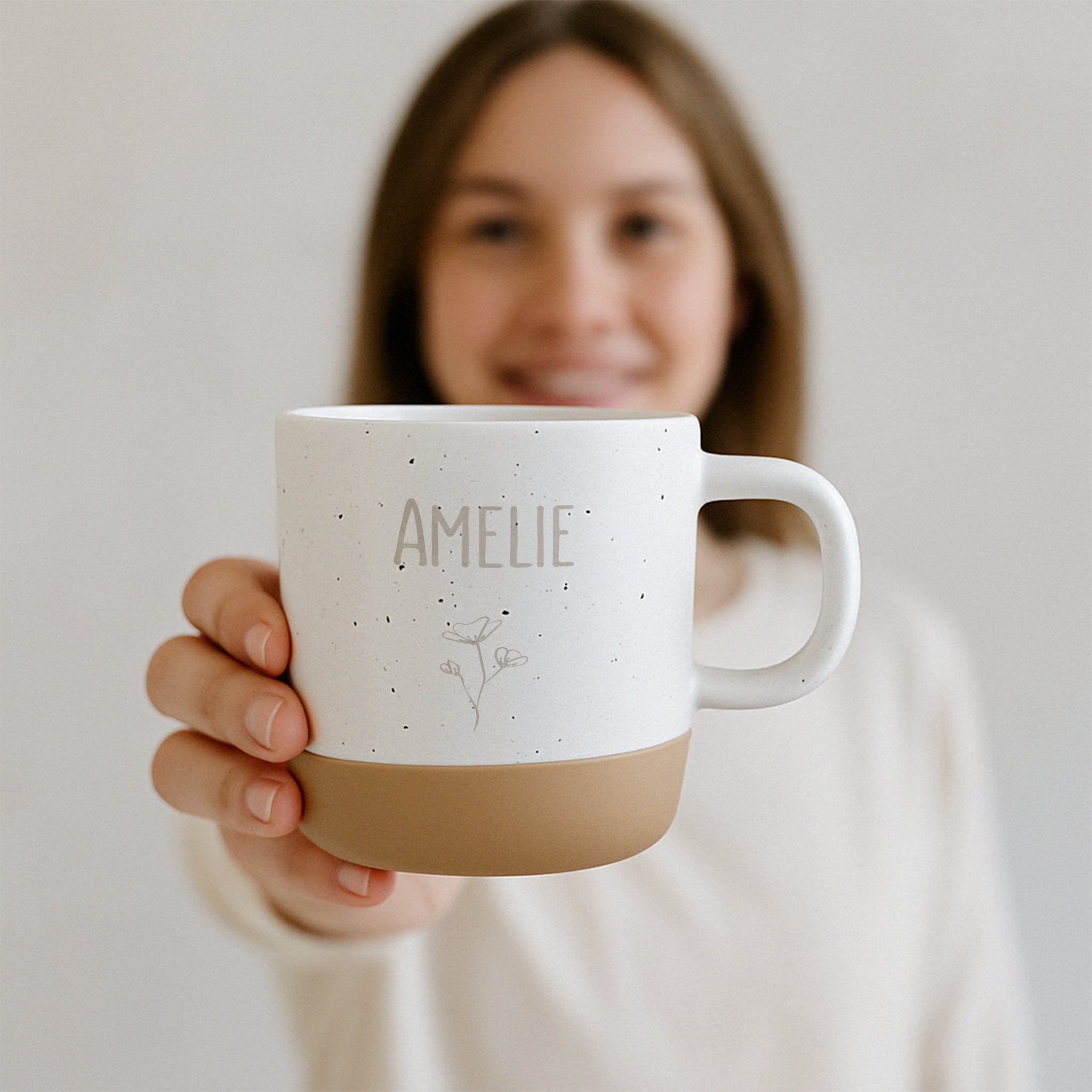 Keramikbecher Steingut - Name und Blume - wunderwunsch