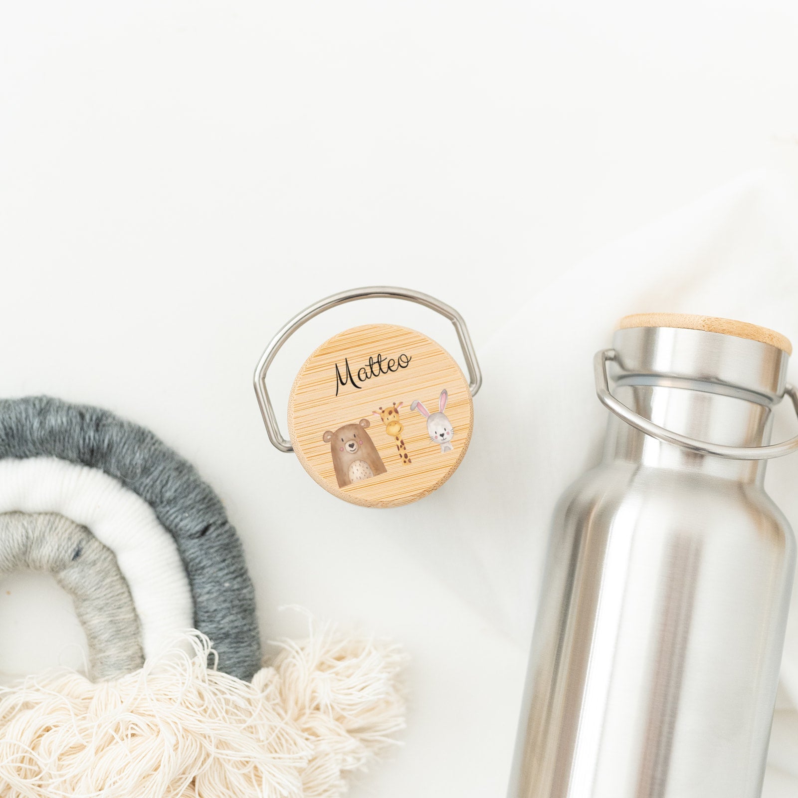 Kinder Trinkflasche Edelstahl personalisiert - Tiere Trio Aquarell - wunderwunsch