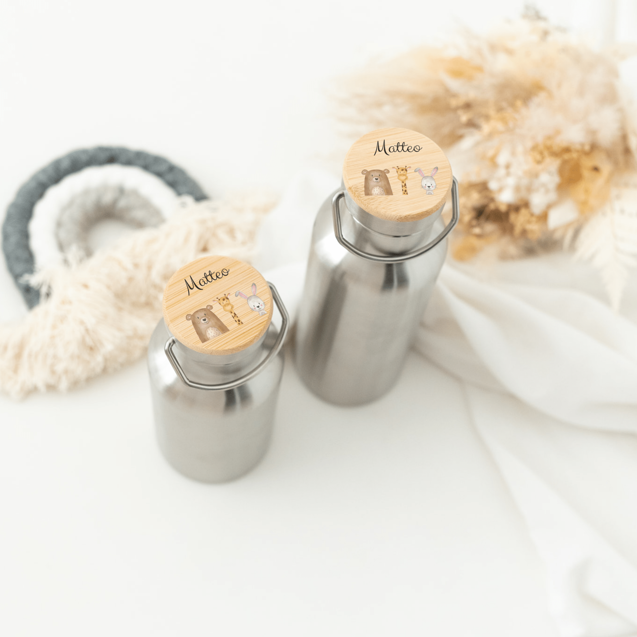 Kinder Trinkflasche Edelstahl personalisiert - Tiere Trio Aquarell - wunderwunsch