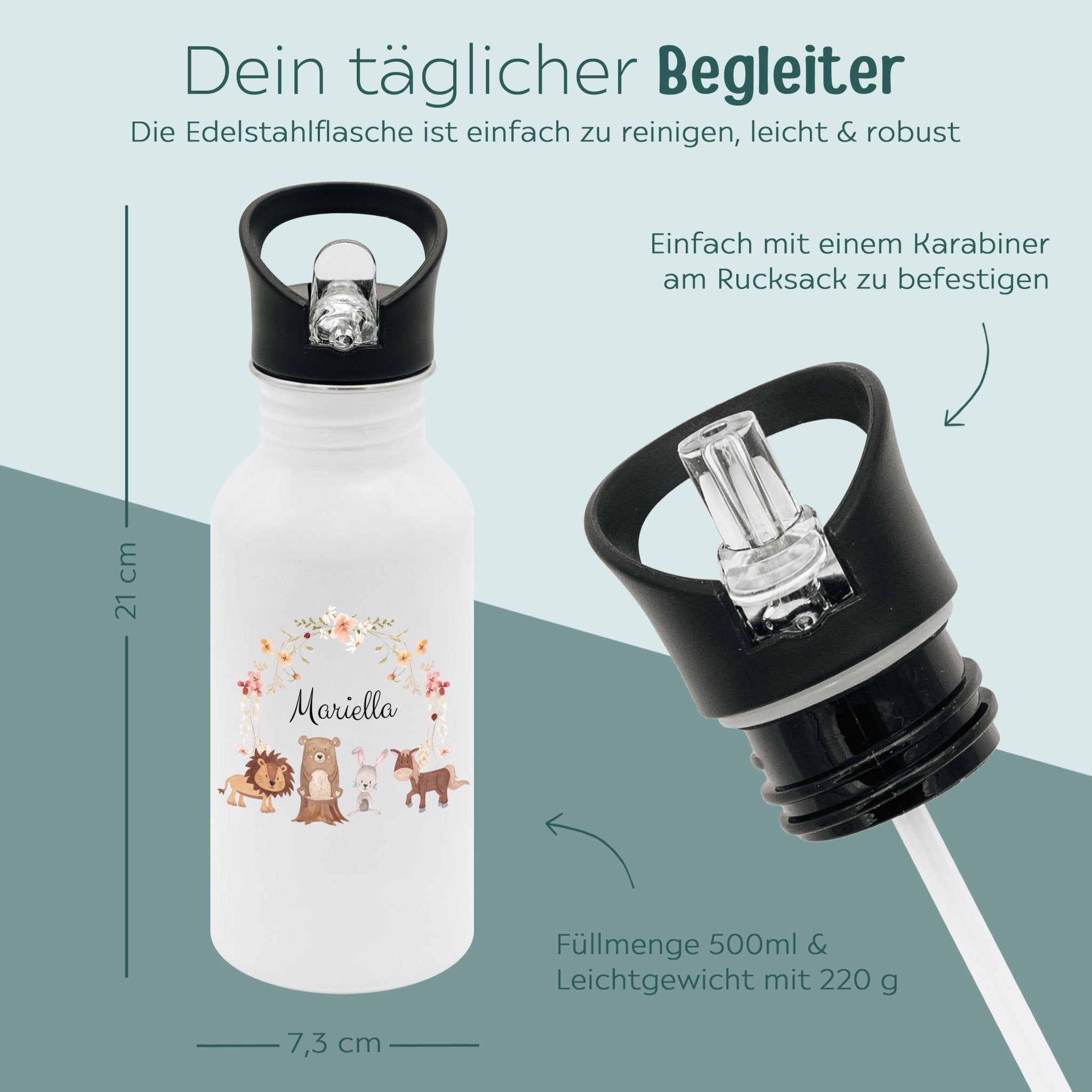 Kinder Trinkflasche weiß mit Trinkhalm personalisiert - Blumen Tier Aquarell - wunderwunsch