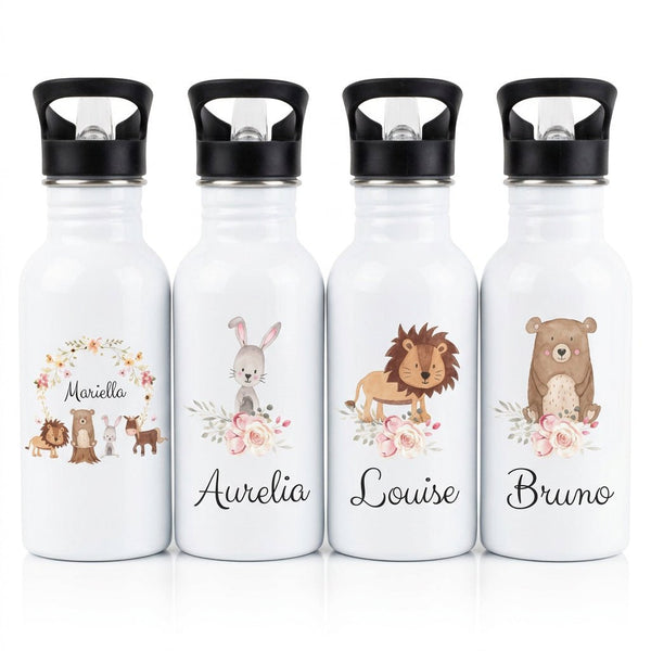 Kinder Trinkflasche weiß mit Trinkhalm personalisiert