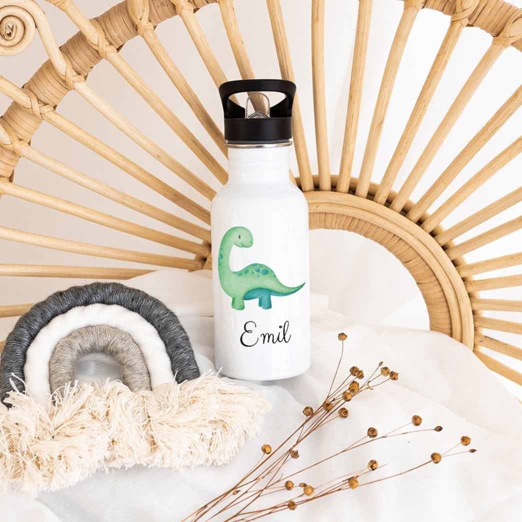 Kinder Trinkflasche weiß mit Trinkhalm personalisiert - Dinosaurier Aquarell - wunderwunsch