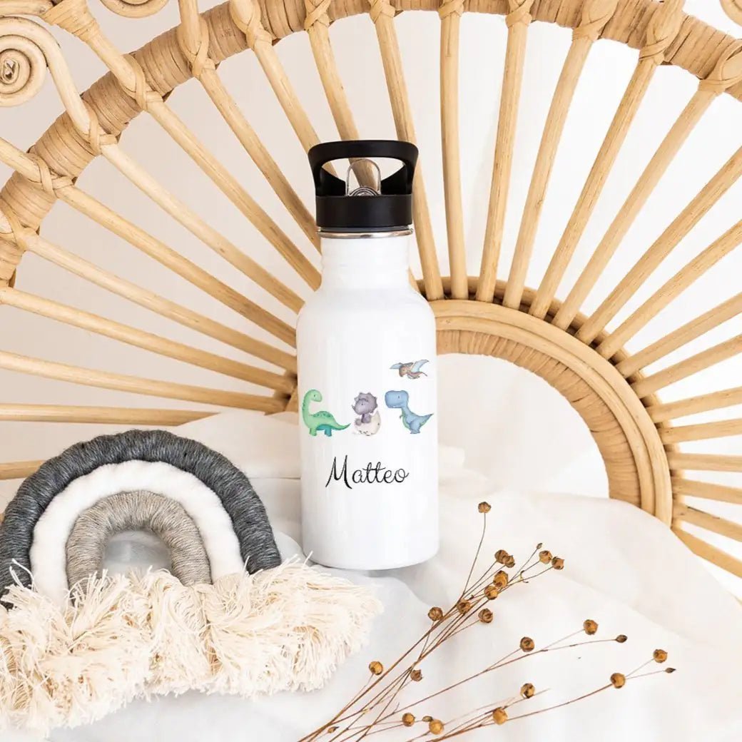 Kinder Trinkflasche weiß mit Trinkhalm personalisiert - Dinosaurier Aquarell - wunderwunsch