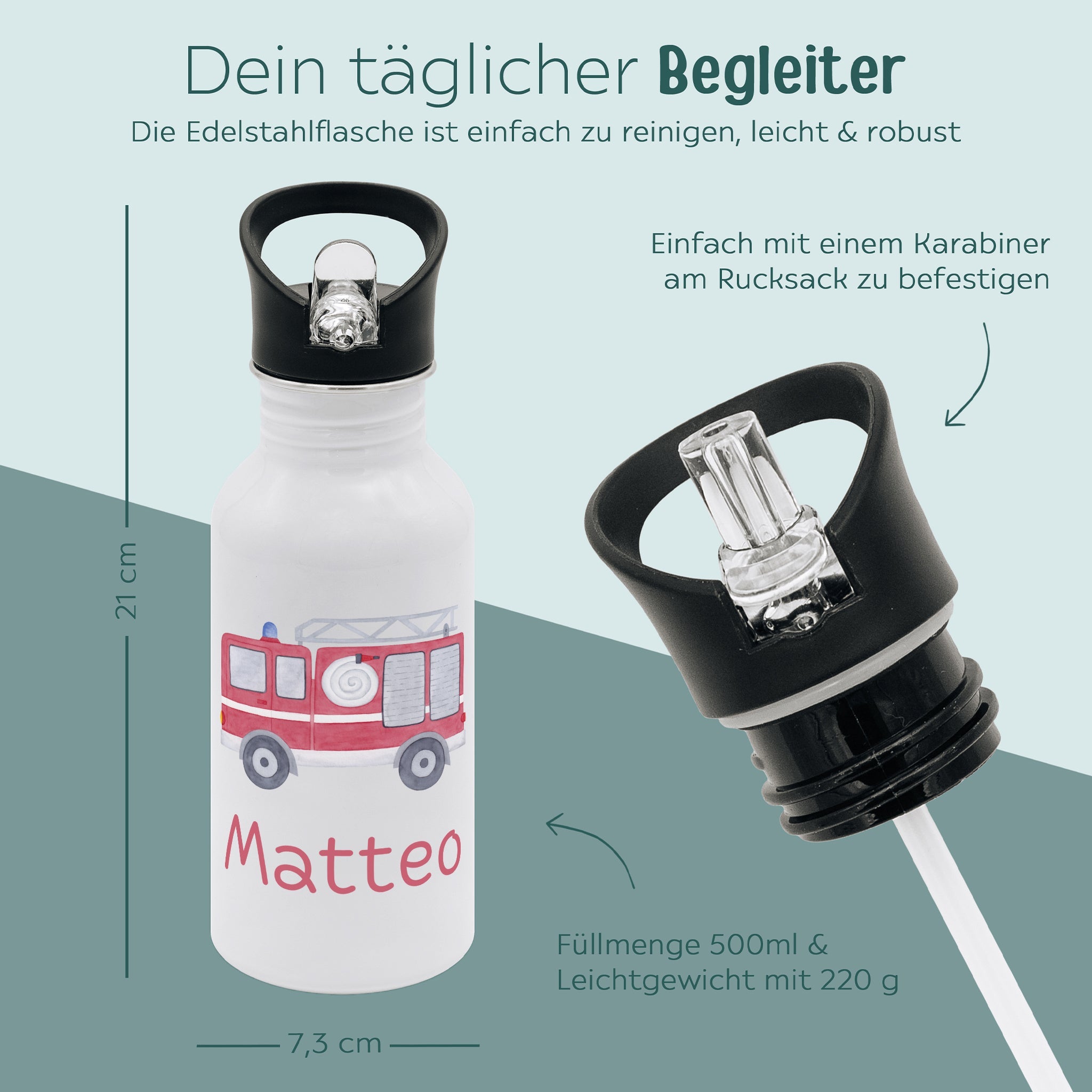 Kinder Trinkflasche weiß mit Trinkhalm personalisiert - Fahrzeug Aquarell - wunderwunsch