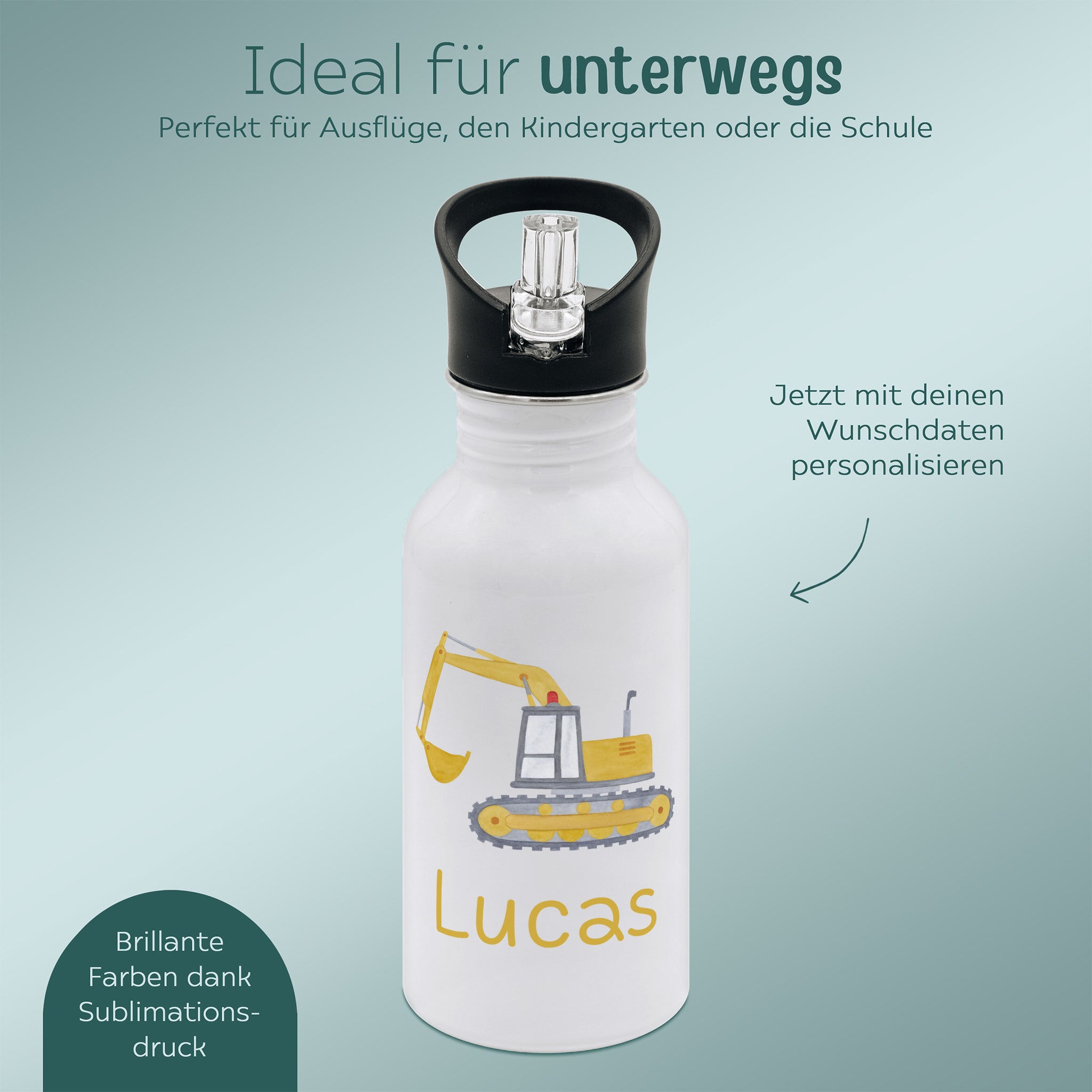 Kinder Trinkflasche weiß mit Trinkhalm personalisiert - Fahrzeug Aquarell - wunderwunsch